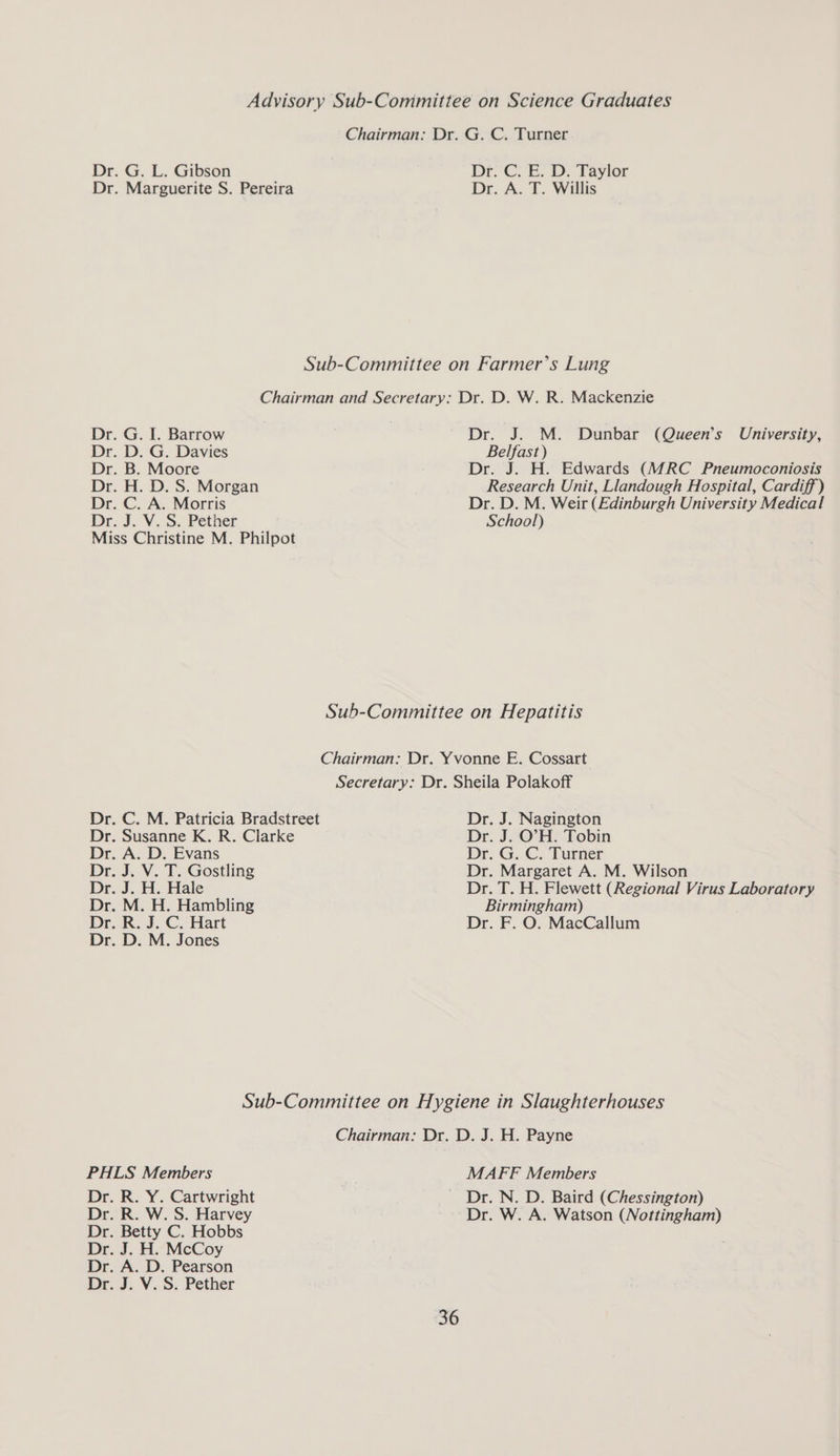 Advisory Sub-Committee on Science Graduates Chairman: Dr. G. C. Turner Dr. G. L. Gibson Dr. C. &amp;. Dy Tayior Dr. Marguerite S. Pereira Dr. A. T. Willis Sub-Committee on Farmer’s Lung Chairman and Secretary: Dr. D. W. R. Mackenzie Dr. G. I. Barrow Dr. J. M. Dunbar (Queen’s University, Dr. D. G. Davies Belfast) Dr. B. Moore Dr. J. H. Edwards (WRC Pneumoconiosis Dr. H. D. S. Morgan Research Unit, Llandough Hospital, Cardiff) Dr. C. A. Morris Dr. D. M. Weir (Edinburgh University Medical Dr. J. V. S. Pether School) Miss Christine M. Philpot Sub-Committee on Hepatitis Chairman: Dr. Yvonne E. Cossart Secretary: Dr. Sheila Polakoff Dr. C. M. Patricia Bradstreet Dr. J. Nagington Dr. Susanne K. R. Clarke Dr. J. O'H. Tobin Dr. A. D. Evans Dr. G, C.. Turner Dr. J. V. T. Gostling Dr. Margaret A. M. Wilson Dr. J. H. Hale Dr. T. H. Flewett (Regional Virus Laboratory Dr. M. H. Hambling Birmingham) . Dr. R. J. C. Hart Dr. F. O. MacCallum Dr. D. M. Jones Sub-Committee on Hygiene in Slaughterhouses Chairman: Dr. D. J. H. Payne PHLS Members MAFF Members Dr. R. Y. Cartwright Dr. N. D. Baird (Chessington) Dr. R. W. S. Harvey Dr. W. A. Watson (Nottingham) Dr. Betty C. Hobbs Dr. J. H. McCoy Dr. A. D. Pearson Dr. J. V. S. Pether
