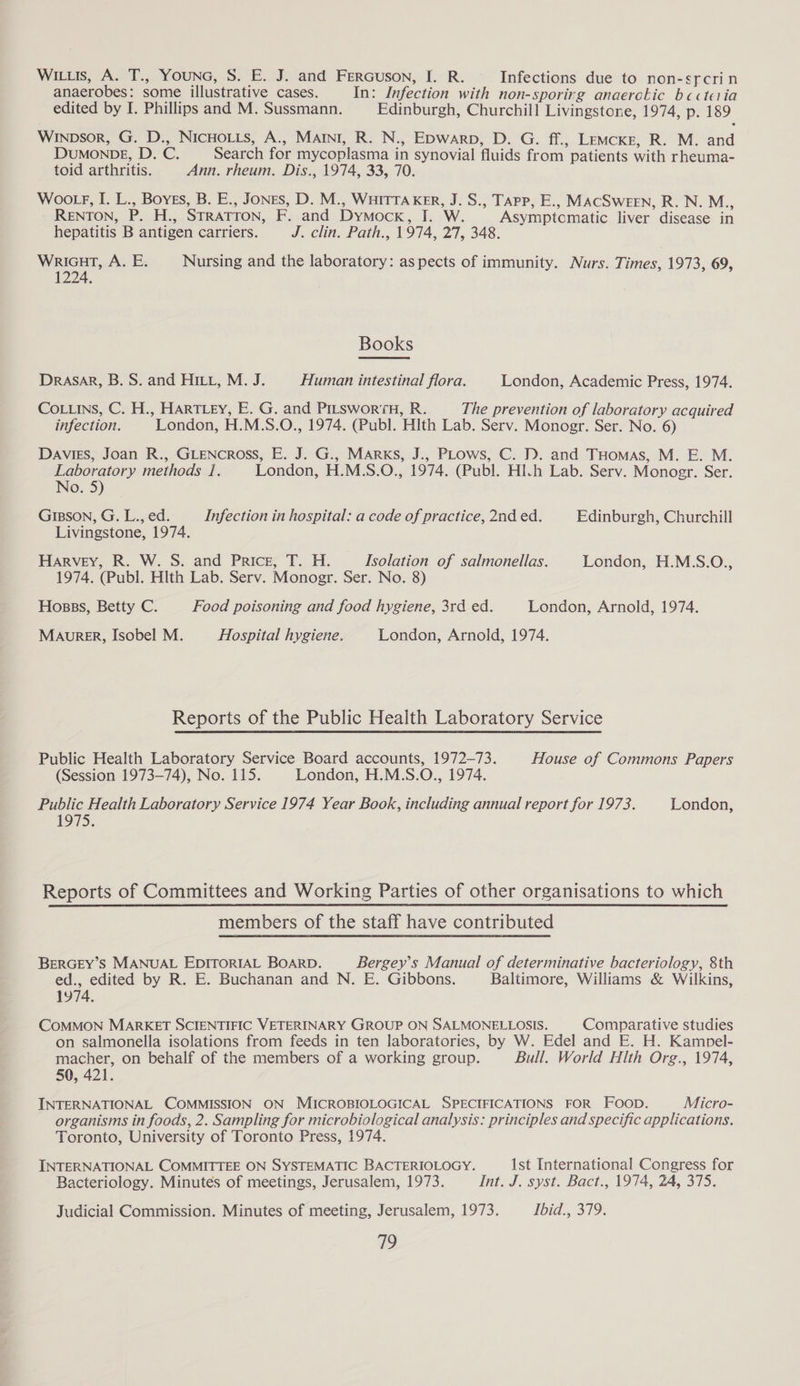 WILLIs, A. T., YOUNG, S: E. J. and Fercuson, I. R. Infections due to non-sfcrin anaerobes: some illustrative cases. In: Infection with non-sporirg anaerckic bccteria edited by I. Phillips and M. Sussmann. Edinburgh, Churchill Livingstone, 1974, p. 189 Winpsor, G. D., NICHOLLS, A., MAINI, R. N., EDwarp, D. G. ff., Lemcxe, R. M. and DUMONDE, D. C. Search for mycoplasma in synovial fluids from patients with rheuma- toid arthritis. Ann. rheum., Dis., 1974, 33, 70. Woo Ff, I. L., Boyes, B. E., Jones, D. M., WHITTAKER, J. S., TAPP, E., MACSWEEN, R. N. M., RENTON, P. H., STRATTON, F. and Dymock, I. W. Asymptomatic liver disease in hepatitis B antigen carriers. J. clin. Path. V974, 27, 348. WRIGHT, A. E. Nursing and the laboratory: aspects of immunity. Nurs. Times, 1973, 69, 1224. Books Drasar, B. S. and HILx, M. J. Human intestinal flora. London, Academic Press, 1974. CoLuins, C. H., HARTLEY, E. G. and PILswor7rH, R. The prevention of laboratory acquired infection. London, H.M.S.O., 1974. (Publ. Hlth Lab. Serv. Monogr. Ser. No. 6) Davies, Joan R., GLENcROSS, E. J. G., MARKS, J., PLows, C. D. and THomas, M. E. M. Laboratory methods 1. London, H.M.S.O., 1974. (Publ. Hl.h Lab. Serv. Monogr. Ser. No. 5) GIBSON, G. L.., ed. Infection in hospital: a code of practice, 2nd ed. Edinburgh, Churchill Livingstone, 1974. Harvey, R. W. S. and Price, T. H. ‘Isolation of salmonellas. London, H.M.S.O., 1974. (Publ. Hlth Lab. Serv. Monogr. Ser. No. 8) Hosss, Betty C. Food poisoning and food hygiene, 3rd ed. London, Arnold, 1974. MAvRreER, Isobel M. Hospital hygiene. London, Arnold, 1974. Reports of the Public Health Laboratory Service Public Health Laboratory Service Board accounts, 1972-73. House of Commons Papers (Session 1973-74), No. 115. London, H.M.S.O., 1974. Public Health Laboratory Service 1974 Year Book, including annual report for 1973. London, 1975, Reports of Committees and Working Parties of other organisations to which members of the staff have contributed BERGEY’S MANUAL EDITORIAL BOARD. Bergey's Manual of determinative bacteriology, 8th ed., edited by R. E. Buchanan and N. E. Gibbons. Baltimore, Williams & Wilkins, 1974. COMMON MARKET SCIENTIFIC VETERINARY GROUP ON SALMONELLOSIS. Comparative studies on salmonella isolations from feeds in ten laboratories, by W. Edel and E. H. Kampel- macher, on behalf of the members of a working group. Bull. World Hlth Org., 1974, 50, 421. INTERNATIONAL COMMISSION ON MICROBIOLOGICAL SPECIFICATIONS FOR FOOD. Micro- organisms in foods, 2. Sampling for microbiological analysis: principles and specific applications. Toronto, University of Toronto Press, 1974. INTERNATIONAL COMMITTEE ON SYSTEMATIC BACTERIOLOGY. 1st International Congress for Bacteriology. Minutes of meetings, Jerusalem, 1973. Int. J. syst. Bact., 1974, 24, 375. Judicial Commission. Minutes of meeting, Jerusalem, 1973. Ibid., 379.