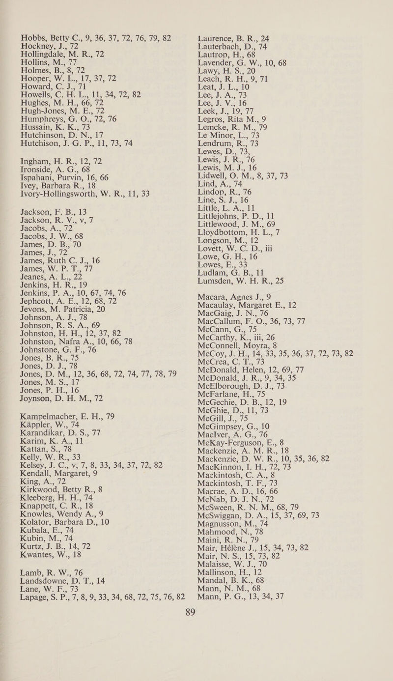 Hockney, J., 72 Hollingdale, M. R., 72 Hollins, M., 77 Holmes, B., 8, 72 Hooper: Ws i. 17537, 72 Howard, C. J., 71 Howells, C. H. L., 11, 34, 72, 82 Hughes, M. H., 66, 72 Hugh-Jones, M. E., 72 Humphreys, G. O., 72, 76 Hussain, K. K., 73 Hutchinson, D. N., 17 Hutchison, J. G. P., 11, 73, 74 Ingham, H. R., 12, 72 Ironside, A. G., 68 Ispahani, Purvin, 16, 66 Ivey, Barbara R., 18 Ivory-Hollingsworth, W. R., 11, 33 Jackson, F. B., 13 Jackson, R. V., v, 7 Jacobs, A., 72 Jacobs, J. W., 68 James, D. B., 70 James, J., 72 James, Ruth C. J., 16 James, W. P. T., 77 Jeanes, Ar L., 22 Jenkins, H. R., 19 Jenkins, P. A., 10, 67, 74, 76 Jephcott, A. E., 12, 68, 72 Jevons, M. Patricia, 20 Johnson, A. J., 78 Johnson, R. S. A., 69 Johnston, H. H., 12, 37, 82 Johnston, Nafra A., 10, 66, 78 Johnstone, G. F., 76 Jones, B. R., 75 Jones, D. J., 78 Jones, DD. M.,12, 36,.68, 72, 74,77, 78, 79 Jones, M. S., 17 Jones, P. H., 16 Joynson, D. H. M., 72 Kampelmacher, E. H., 79 Kappler, W., 74 Karandikar, D. S., 77 Karim, K. A., 11 Kattan, S., 78 Kelly, W.R., 33 Kelsey, J. C., v; 7, 8, 33, 34, 37, 72; 82 Kendall, Margaret, 9 King, A., 72 Kirkwood, Betty R., 8 Kleeberg, H. H., 74 Knappett, C. R., 18 Knowles, Wendy A., 9 Kolator, Barbara D., 10 Kubala, E., 74 Kubin, M., 74 Kurtz, J. B., 14, 72 Kwantes, W., 18 Lamb, R. W., 76 Landsdowne, D. T., 14 Lane, W. F., 73 89 Lauterbach, D., 74 Lautrop, H., 68 Lavender, G. W., 10, 68 Lawy, H. S., 20 Leach, R. H., 9, 71 Leat, J. L., 10 Lee, J. A., 73 Lee, J. V., 16 Leek; J., 19, 77 Legros, Rita M., 9 Lemcke, R. M., 79 Le Minor, L., 73 Lendrum, R., 73 Lewes, D., 73, Lewis, J. R., 76 Lewis, M. J., 16 Lidwell, O. M., 8, 37, 73 Lind, A., 74 Lindop, R., 76 Line, S. J., 16 Little, L. A., 11 Littlejohns, P. D., 11 Littlewood, J. M., 69 Lloydbottom, H. L., 7 Longson, M., 12 Lovett, W. C. D., iii Lowe, G. H., 16 Lowes, E., 33 Ludlam, G. B., 11 Lumsden, W. H. R., 25 Macara, Agnes J., 9 Macaulay, Margaret E., 12 MacGaig, J. N., 76 MacCallum, F. O., 36, 73, 77 McCann, G., 75 McCarthy, K.., ili, 26 McConnell, Moyra, 8 McCoy, J. H., 14, 33, 35, 36, 37, 72,73, 82 McCrea, C. T., 73 McDonald, Helen, 12, 69, 77 McDonald, J. R., 9, 34, 35 McElborough, D. J., 73 McFarlane, H., 75 McGechie, D. B., 12, 19 McGhie, D., 11, 73 McGill, J., 75 McGimpsey, G., 10 Maclver, A. G., 76 McKay-Ferguson, E., 8 Mackenzie, A. M. R., 18 Mackenzie, D. W. R., 10, 35, 36, 82 MacKinnon, I. H., 72, 73 Mackintosh, C. A., 8 Mackintosh, T. F., 73 Macrae, A. D., 16, 66 McNab, D. J. N., 72 McSween, R. N. M., 68, 79 McSwiggan, D. A., 15, 37, 69, 73 Magnusson, M., 74 Mahmood, N., 78 Maini, R. N., 79 Mair, Héléne J., 15, 34, 73, 82 Mair, N. S., 15, 73, 82 Malaisse, W. J., 70 Mallinson, H., 12 Mandal, B. K., 68 Mann, N. M., 68 Mann, P. G., 13, 34, 37