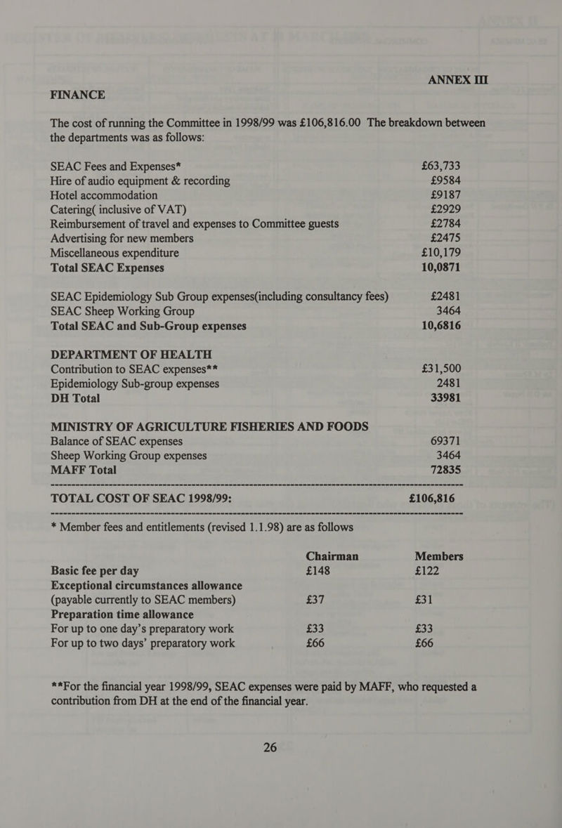 FINANCE the departments was as follows: SEAC Fees and Expenses* Hire of audio equipment & recording Hotel accommodation Catering( inclusive of VAT) Reimbursement of travel and expenses to Committee guests Advertising for new members Miscellaneous expenditure Total SEAC Expenses SEAC Epidemiology Sub Group expenses(including consultancy fees) SEAC Sheep Working Group Total SEAC and Sub-Group expenses DEPARTMENT OF HEALTH Contribution to SEAC expenses** Epidemiology Sub-group expenses DH Total MINISTRY OF AGRICULTURE FISHERIES AND FOODS Balance of SEAC expenses Sheep Working Group expenses MAFF Total * Member fees and entitlements (revised 1.1.98) are as follows Chairman Basic fee per day £148 Exceptional circumstances allowance (payable currently to SEAC members) £37 Preparation time allowance For up to one day’s preparatory work £33 For up to two days’ preparatory work £66 £63,733 £9584 £9187 £2929 £2784 £2475 £10,179 10,0871 £2481 3464 10,6816 £31,500 2481 33981 31 £33 £66 contribution from DH at the end of the financial year.