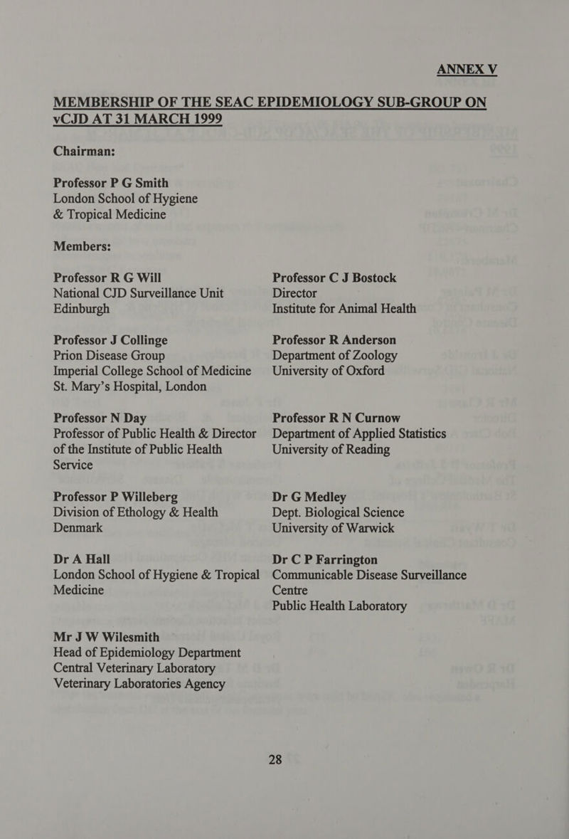 MEMBERSHIP OF THE SEAC EPIDEMIOLOGY SUB-GROUP ON vCJD AT 31 MARCH 1999 Chairman: Professor P G Smith London School of Hygiene & Tropical Medicine Members: Professor R G Will Professor C J Bostock National CJD Surveillance Unit Director Edinburgh Institute for Animal Health Professor J Collinge Professor R Anderson Prion Disease Group Department of Zoology Imperial College School of Medicine University of Oxford St. Mary’s Hospital, London Professor N Day Professor R N Curnow Professor of Public Health & Director Department of Applied Statistics of the Institute of Public Health University of Reading Service Professor P Willeberg Dr G Medley Division of Ethology & Health Dept. Biological Science Denmark University of Warwick Dr A Hall Dr C P Farrington London School of Hygiene & Tropical Communicable Disease Surveillance Medicine Centre Public Health Laboratory Mr J W Wilesmith Head of Epidemiology Department Central Veterinary Laboratory Veterinary Laboratories Agency