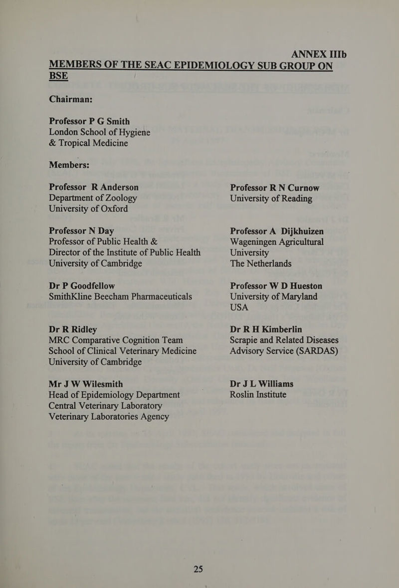 BSE Chairman: Professor P G Smith London School of Hygiene & Tropical Medicine Members: Professor R Anderson Department of Zoology University of Oxford Professor N Day Professor of Public Health & Director of the Institute of Public Health University of Cambridge Dr P Goodfellow SmithKline Beecham Pharmaceuticals Dr R Ridley MRC Comparative Cognition Team School of Clinical Veterinary Medicine University of Cambridge Mr J W Wilesmith Head of Epidemiology Department Central Veterinary Laboratory Veterinary Laboratories Agency 25 Professor R N Curnow University of Reading Professor A Dijkhuizen Wageningen Agricultural University The Netherlands Professor W D Hueston University of Maryland USA Dr R H Kimberlin Scrapie and Related Diseases Advisory Service (SARDAS) Dr J L Williams Roslin Institute