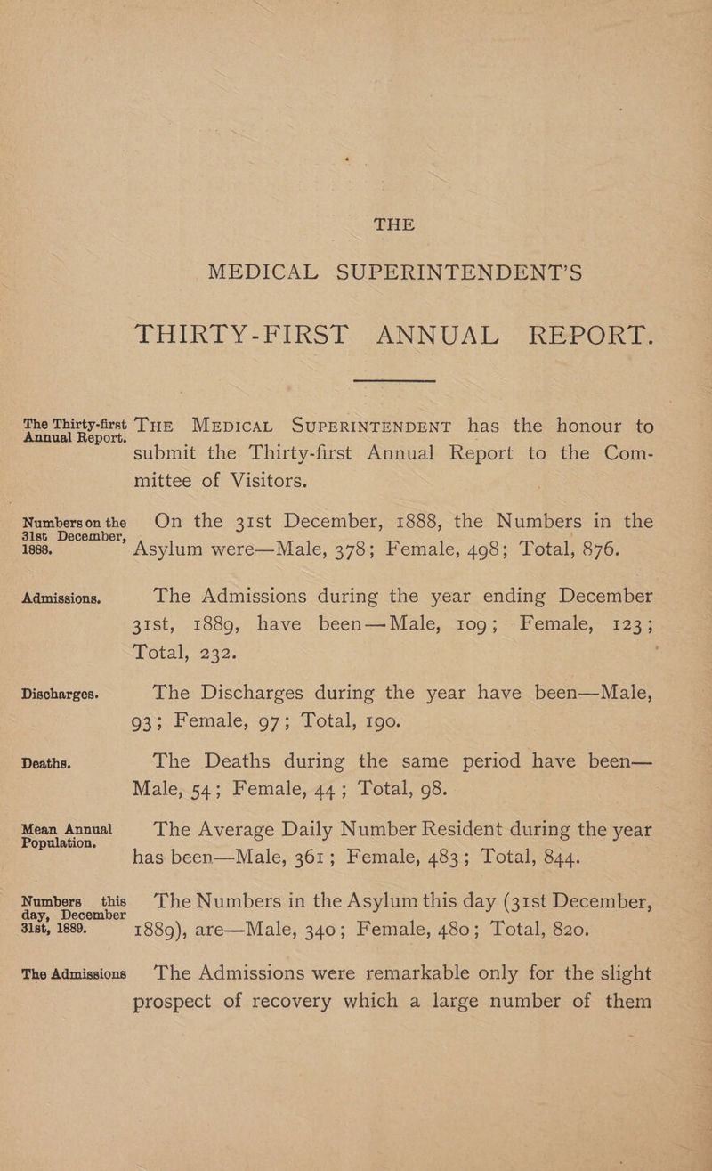 THE MEDICAL SUPERINTENDENT’S THIRTY -FIRST. ANNUAL REPORT. The Thirty-frss THe MEDICAL SUPERINTENDENT has the honour to Annual Report. submit the Thirty-first Annual Report to the Com- mittee of Visitors. Numbers on the On the 31st December, 1888, the Numbers in the mM 5) aa Asylum were—Male, 378; Female, 498; Total, 876. Admissions. The Admissions during the year ending December 31st, 1889, have been—Male, 109; Female, 123; Total, 232; Discharges. The Discharges during the year have aac 93; Female, 97; Total, 190. Deaths. The Deaths during the same period have been— Male, 54; Female, 44; Total, 98. cea The Average Daily Number Resident during the year : ' has been—Male, 361; Female, 483 Total, saa; Actes this The Numbers in the Asylum this day (31st December, ecem 31st, 1889. 188g), are—Male, 340; Female, 480; Total, 820. The Admissions ‘The Admissions were remarkable only for the slight prospect of recovery which a large number of them