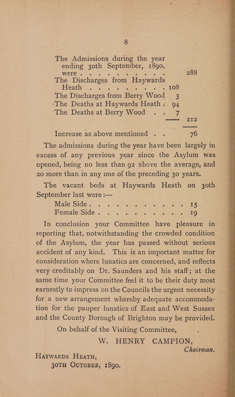 The Admissions during the year ending 30th September, 1890, Wer). 5 288 The Discharges from Haywards Peat eo oes . 103 The Discharges pan Bercy Wood 3 The Deaths at Haywards Heath. 94 The Deaths at Berry Wood © . 27 ee - 212 Increase as above mentioned . . 76 The admissions during the year have been largely in excess of any previous year since the Asylum was opened, being no less than g2 above the average, and 20 more than in any one of the preceding 30 years. The vacant beds at Haywards Heath on 30th September last were :— Diale Sides. al iiseec le a sae Me Hemale:Side-. 2°. 9 eS Se oe ee In conclusion your Committee have pleasure in reporting that, notwithstanding the crowded condition of the Asylum, the year has passed without serious — accident of any kind. This is an important matter for consideration where lunatics are concerned, and reflects very creditably on Dr. Saunders and his staff; at the same time your Committee feel it to be their duty most earnestly to impress on the Councils the urgent necessity for a new arrangement whereby adequate accommoda- — tion for the pauper lunatics of East and West Sussex and the County Borough of Brighton may be provided. On behalf of the Visiting Committee, W. HENRY CAMPION, . Chairman. Haywarps Heatu, 30TH OCTOBER, 1890.