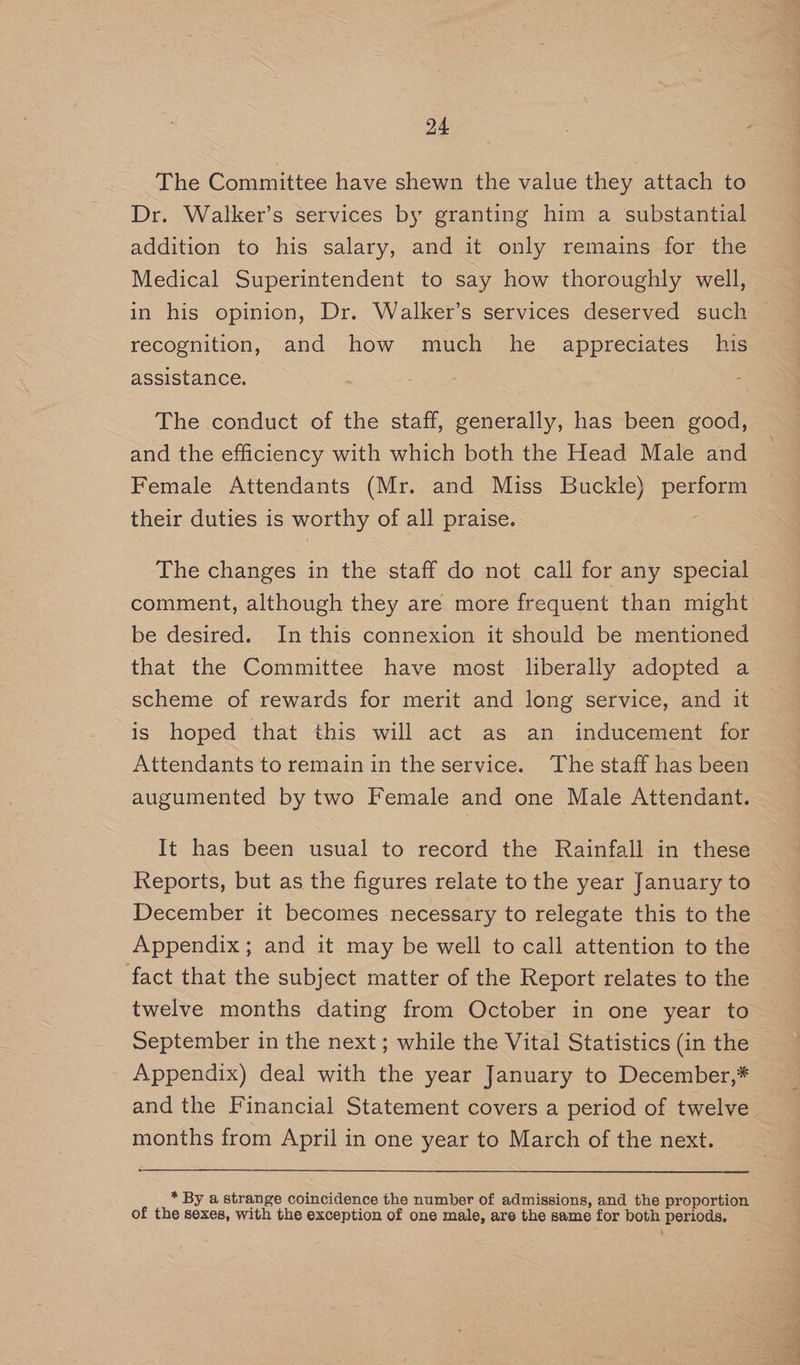 The Committee have shewn the value they attach to Dr. Walker’s services by granting him a substantial addition to his salary, and it only remains for the Medical Superintendent to say how thoroughly well, in his opinion, Dr. Walker’s services deserved such ~ recognition, and how much he appreciates his assistance. ; The conduct of the staff, generally, has been good, and the efficiency with which both the Head Male and Female Attendants (Mr. and Miss Buckle) perform their duties is worthy of all praise. The changes in the staff do not call for any special comment, although they are more frequent than might’ be desired. In this connexion it should be mentioned that the Committee have most liberally adopted a scheme of rewards for merit and long service, and it is hoped that this will act as an inducement for Attendants to remain in the service. The staff has been augumented by two Female and one Male Attendant. It has been usual to record the Rainfall in these Reports, but as the figures relate to the year January to December it becomes necessary to relegate this to the Appendix; and it may be well to call attention to the fact that the subject matter of the Report relates to the twelve months dating from October in one year to September in the next ; while the Vital Statistics (in the Appendix) deal with the year January to December,* and the Financial Statement covers a period of twelve | months from April in one year to March of the next. * By a strange coincidence the number of admissions, and the proportion of the sexes, with the exception of one male, are the same for both periods.