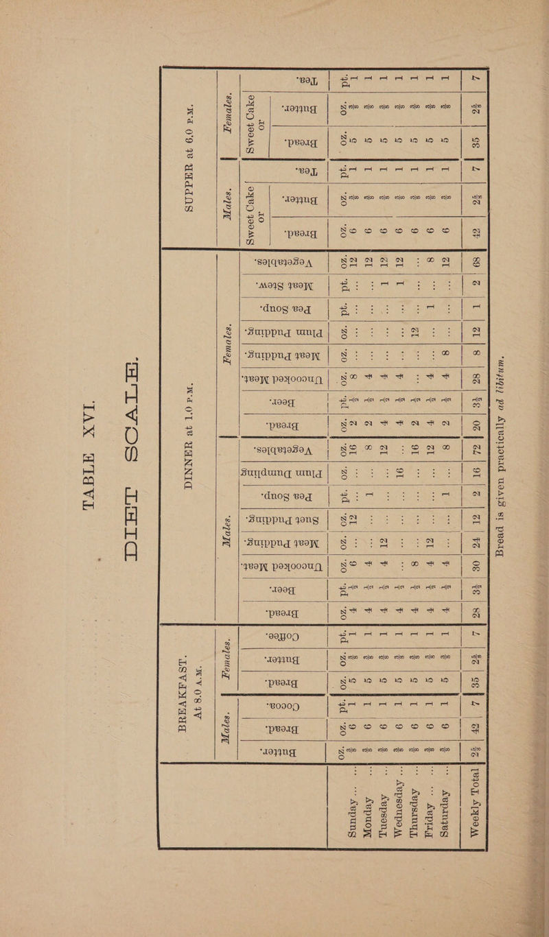 SUPPER at 6.0 p.m. BRHAKFAST. Females. Females. Females. Sweet Cake “13yqNg *pBolq Sweet Cake or *SO1QBIVSO A “MOG IVOT ‘dnog vog ‘SuIpprd wind ‘SuIppud yo ‘7B0WW Poyoooun, ial | | | ‘dnog veg | ‘surppug young ‘SuIppnd oy a dia ila nla “10}4Ng Sunday ... Monday Tuesday Wednesday ... Thursday Saturday Weekly Total ewer.) a nw Se dian tren a