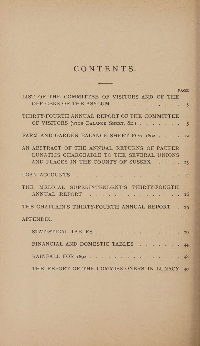 CONTENTS. ed init pe ase See a aa ee ae Sy a oe eB I wh we BAS ~ PAGE LIST OF THE COMMITTEE OF VISITORS AND OF THE OFFICERS OF THE ASYLUM Penal mrt 3: a) THIRTY-FOURTH ANNUAL REPORT OF THE COMMITTEE OF VISITORS (witTH BAaLaNncE SHEET, &amp;c.) . .. Wn FARM AND GARDEN BALANCE SHEET FOR 2 SG 2 A ieee eee AN ABSTRACT OF THE ANNUAL RETURNS OF PAUPER LUNATICS CHARGEABLE TO THE SEVERAL UNIONS AND: PLACES IN THE COUNTY OF SUSSEX — .-.. (gaa LOAN ACCOUNTS Ps (0 a ee THE MEDICAL SUPERINTENDENT’S THIRTY-FOURTH z ANNUAL: REPORT) jo (i604) Se ee ee THE CHAPLAIN’S THIRTY-FOURTH ANNUAL REPORT . 25 _ APPENDIX. STATISTICAL TABLES“). bu gcic ie 2, eee 2 FINANCIAL AND DOMESTIC TABLES .. . ee oy RAINFALL FOR 1892 0)... te ee 7 THE REPORT OF THE COMMISSIONERS IN LUNACY 49