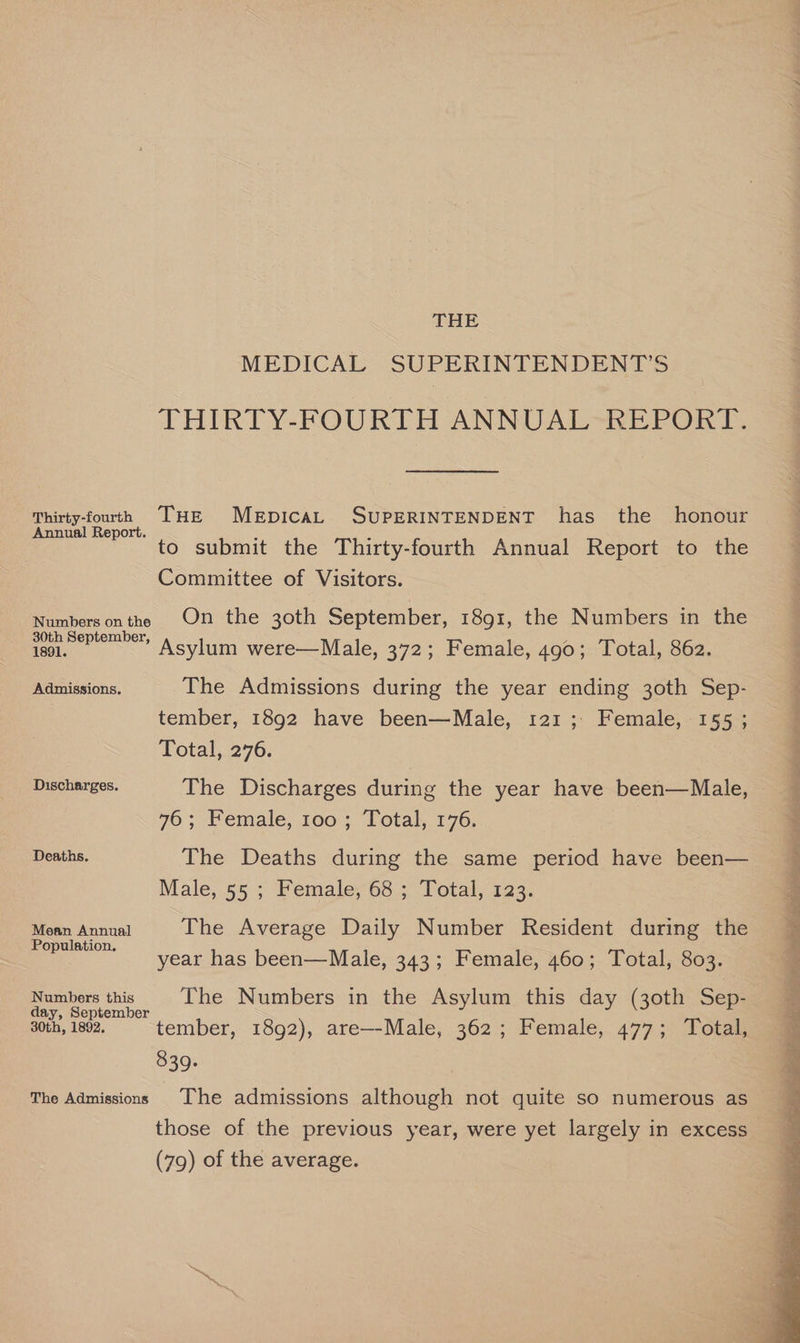 THE MEDICAL SUPERINTENDENT'S THIRTY-FOURTH ANNUAL REPORT. Thirty-fourth THE MEpICAL. SUPERINTENDENT has the honour Annual Report. < : to submit the Thirty-fourth Annual Report to the Committee of Visitors. Numbersonthe On the 30th September, 1891, the Numbers in the ae Asylum were—Male, 372; Female, 490; Total, 862. Admissions. The Admissions during the year ending 30th Sep- tember, 1892 have been—Male, 121; Female, 155 ; Total, 276. Discharges. The Discharges during the year have been—Male, 76; Female, 100 ; Total, 176. Deaths. The Deaths during the same period have been— Male, 55 ; Female; 63 ; Total, 123. ee The Average Daily Number Resident during the year has been—Male, 343; Female, 460; Total, 803. Numbers this The Numbers in the Asylum this day (30th Sep- : day, September 30th, 1892. tember, 1892), are—-Male, 362; Female, 477; Total, 839. those of the previous year, were yet largely in excess (79) of the average.