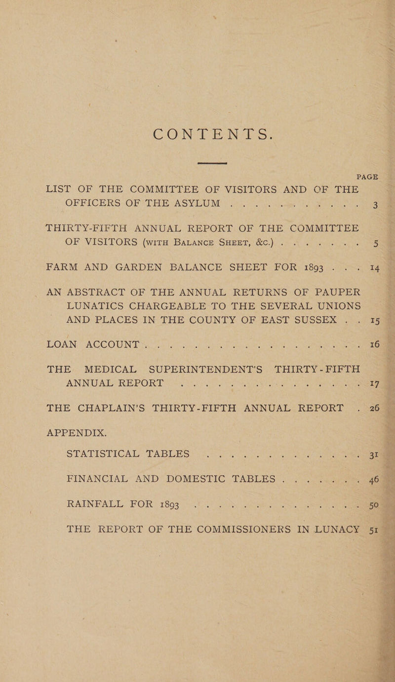 CO Ne Ee Nes LIST OF -THE COMMITTEE.OF VISITORS: AND: OF THE OPFPICERS OF THE ASYLUM THIRTY-FIFTH ANNUAL REPORT. OF THE COMMITTEE OF VISITORS (wirH BALANCE SHEET, &c.) . FARM AND GARDEN BALANCE SHEET FOR 1893 AN ABSTRACT OF THE ANNUAL RETURNS OF PAUPER LUNATICS CHARGEABLE TO THE SEVERAL UNIONS AND PLACES IN THE COUNTY OF EAST SUSSEX . LOAN ACCOUNT™ THE MEDICAL SUPERINTENDENT'S THIRTY- FIFTH ANNUAL REPORT THE CHAPLAIN’S THIRTY-FIFTH ANNUAL REPORT APPENDIX. STATISTICAL. TABLES FINANCIAL AND DOMESTIC TABLES . RAINFALL FOR 1893 THE REPORT OF THE COMMISSIONERS IN LUNACY 14 T5 16 17 26 31 46