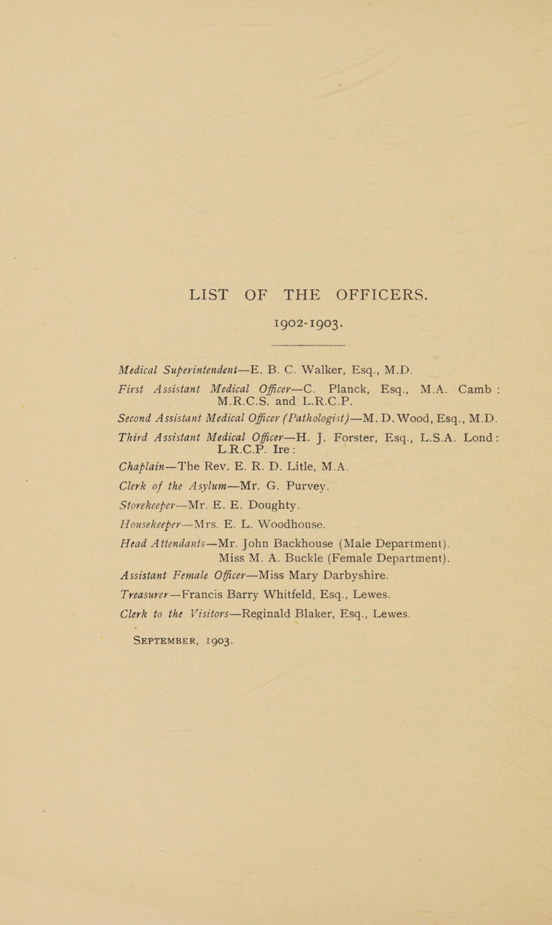 LIST) OF DHE cOPFrrICih Es. 1902-1903. Medical Superintendent—E. B. C. Walker, Esq., M.D. First Assistant Medical Officer—C. Planck, Esq., M.A. Camb: M.RC.S) and Ln: CP Second Assistant Medical Officer (Pathologist) —-M.D.Wood, Esq., M.D. Third Assistant Medical Officer—H. J. Forster, Esq., L.S.A. Lond: idk. CoP ydre: 3 Chaplain—The Rev. E. R. D. Litle, M.A. Clerk of the Asylum—Mr. G. Purvey. Storekeeper-—Mr. E. E. Doughty. Housekeeper—Mrs. E. L. Woodhouse. Head Attendants—Mr. John Backhouse (Male Department). Miss M. A. Buckle (Female Department). Assistant Female Officer—Miss Mary Darbyshire. Treasuvey —Francis Barry Whitfeld, Esq., Lewes. Clerk to the Visitors—Reginald Blaker, Esq., Lewes. SEPTEMBER, 1903.