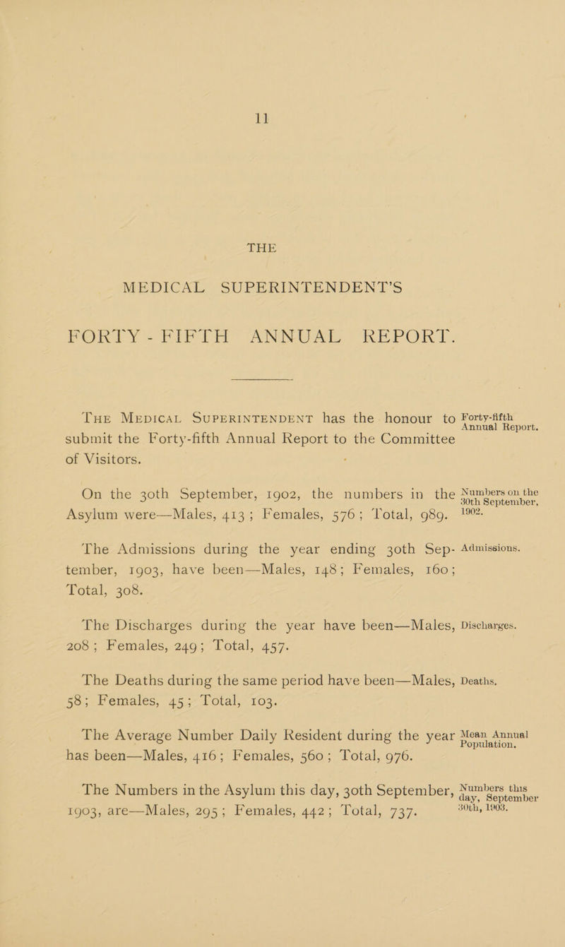 1] THE MEDICAL SUPERINTENDENT'S PORLY=PibPiti ANS UAE REPORT. Tue MeEpiIcaAL SUPERINTENDENT has the. honour to Forty-fifth > j Annual Report. submit the Forty-fifth Annual Report to the Committee of Visitors. 5 eu Numbers on the On the 30th September,-1902, the numbers in the SOE Benicuiber, Asylum were—Males, 413; Females, 576; Total, 989. 1%: The Admissions during the year ending 30th Sep- Admissions. tember, 1903, have been—Males, 148; Females, 160; Potal, 30%: The Discharges during the year have been—Males, Discharges. 208; Females, 249; Total, 457. The Deaths during the same period have been—Males, Deaths. §8; Females, 45; Total, 103. The Average Number Daily Resident during the year Mean Annual ; Population. has been—Males, 416; Females, 560; Total, 976. The Numbers in the Asylum this day, 30th September, Aes 1903, are—Males, 295; Females, 442; Total, 737. he rae