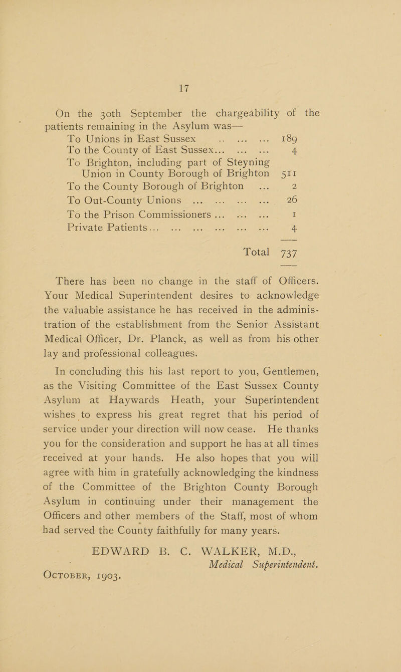 lagi On the 30th September the chargeability of the patients remaining in the Asylum was— To Unions in East Sussex MA ree Nous hi LOO) To the County of Mast Sussex... ... 4 To Brighton, including part ar oie Union in County Borough of Brighton 511 To the County Borough of Brighton... 2 fo. Out: Couneys Unione. 26. ws Wis. 4 26 ro the Prison Commiscioners ... -° . s. I Private We atientSh cc “Gta aetna vee cae J Sex 4 Votal * 737 There has been no change in the staff of Officers. Your Medical Superintendent desires to acknowledge the valuable assistance he has received in the adminis- tration of the establishment from the Senior Assistant Medical Officer, Dr. Planck, as well as from his other lay and professional colleagues. In concluding this his last report to you, Gentlemen, as the Visiting Committee of the East Sussex County Asylum at Haywards Heath, your Superintendent wishes to express his great regret that his period of service under your direction will now cease. He thanks you for the consideration and support he has at all times received at your hands. He also hopes that you will agree with him in gratefully acknowledging the kindness of the Committee of the Brighton County Borough Asylum in continuing under their management the Officers and other members of the Staff, most of whom had served the County faithfully for many years. EDWARD SB. C. WALKER, MD. Medical Superintendent. OCTOBER, 1903.