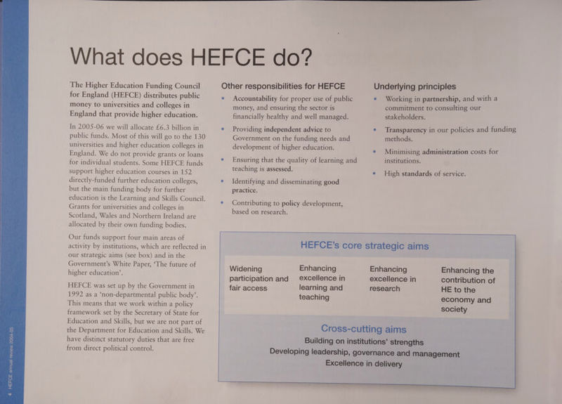 The Higher Education Funding Council for England (HEFCE) distributes public money to universities and colleges in England that provide higher education. In 2005-06 we will allocate £6.3 billion in public funds. Most of this will go to the 130 universities and higher education colleges in England. We do not provide grants or loans for individual students. Some HEFCE funds support higher education courses in 152 directly-funded further education colleges, but the main funding body for further education is the Learning and Skills Council. Grants for universities and colleges in Scotland, Wales and Northern Ireland are allocated by their own funding bodies. Our funds support four main areas of activity by institutions, which are reflected in our strategic aims (see box) and in the Other responsibilities for HEFCE e Accountability for proper use of public money, and ensuring the sector is financially healthy and well managed. e Providing independent advice to Government on the funding needs and development of higher education. e Ensuring that the quality of learning and teaching is assessed. e Identifying and disseminating good practice. e Contributing to policy development, based on research. Working in partnership, and with a commitment to consulting our stakeholders. Transparency in our policies and funding methods. Minimising administration costs for institutions. High standards of service. Government's ce Paper, ‘The future of Widening Enhancing Enhancing Enhancing the higher education’. participation and _ excellence in excellence in contribution of HEFCE was set up by the Government in fair access learning and research HE to the 1992 as a ‘non-departmental public body’. teaching economy and This means that we work within a policy society framework set by the Secretary of State for Education and Skills, but we are not part of the Department for Education and Skills. We have distinct statutory duties that are free from direct political control. Cross-cutting aims Building on institutions’ strengths Developing leadership, governance and management Excellence in delivery