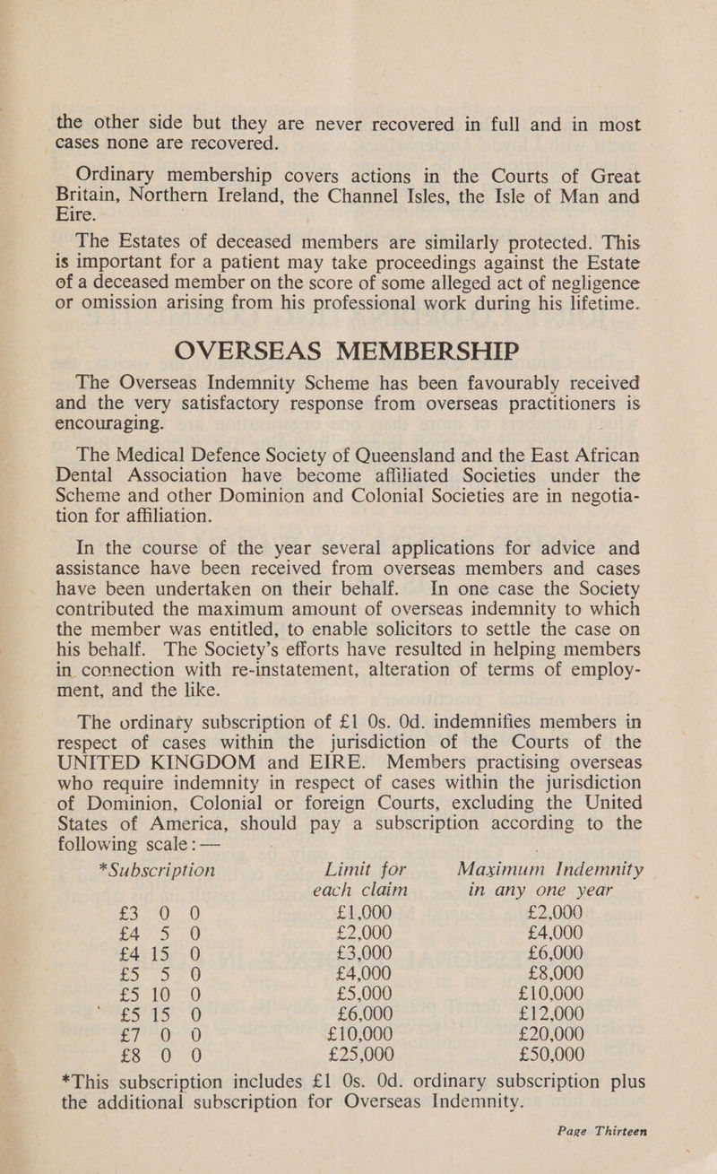 the other side but they are never recovered in full and in most cases none are recovered. Ordinary membership covers actions in the Courts of Great stones Northern Ireland, the Channel Isles, the Isle of Man and ire The Estates of deceased members are similarly protected. This is important for a patient may take proceedings against the Estate of a deceased member on the score of some alleged act of negligence or omission arising from his professional work during his lifetime. OVERSEAS MEMBERSHIP The Overseas Indemnity Scheme has been favourably received and the very satisfactory response from overseas Se Selaatae iS encouraging. The Medical Defence Society of Queensland and the East African Dental Association have become affiliated Societies under the Scheme and other Dominion and Colonial Societies are in negotia- tion for affiliation. In the course of the year several applications for advice and assistance have been received from overseas members and cases have been undertaken on their behalf. In one case the Society contributed the maximum amount of overseas indemnity to which the member was entitled, to enable solicitors to settle the case on his behalf. The Society’s efforts have resulted in helping members in connection with re-instatement, alteration of terms of employ- ment, and the like. The ordinaty subscription of £1 Os. Od. indemnifies members in respect of cases within the jurisdiction of the Courts of the UNITED KINGDOM and EIRE. Members practising overseas who require indemnity in respect of cases within the jurisdiction of Dominion, Colonial or foreign Courts, excluding the United States of America, should pay a subscription according to the following scale :— * Subscription Limit for Maximum Indemnity each claim in any one year fo. £1,000 £2,000 tA S..) O £2,000 £4,000 f4 15 0 £3,000 £6,000 ey 20) £4,000 £8,000 Eo 10-0 £5,000 £10,000 Jo je) oi: £6,000 £12,000 pea aad £10,000 £20,000 : yim | a 8, £25,000 £50,000 *This subscription includes £1 Os. Od. ordinary subscription plus the additional subscription for Overseas Indemnity.