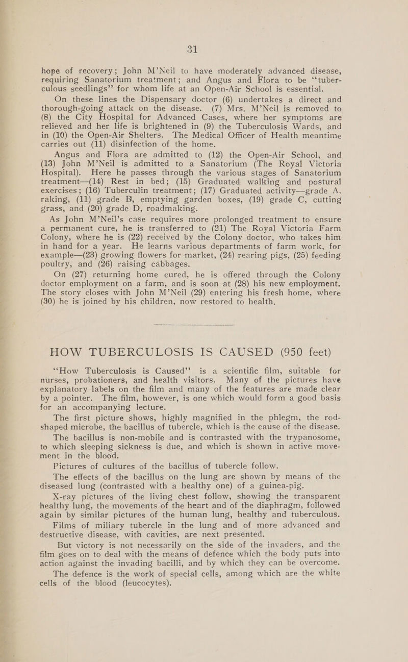 51 hope of recovery; John M’Neil to have moderately advanced disease, requiring Sanatorium treatment; and Angus and Flora to be ‘‘tuber- culous seedlings’’ for whom life at an Open-Air School is essential. On these lines the Dispensary doctor (6) undertakes a direct and thorough-going attack on the disease. (7) Mrs. M’Neil is removed to (8) the City Hospital for Advanced Cases, where her symptoms are relieved and her life is brightened in (9) the Tuberculosis Wards, and in (10) the Open-Air Shelters. The Medical Officer of Health meantime carries out (11) disinfection of the home. Angus and Flora are admitted to (12) the Open-Air School, and (13) John M’Neil is admitted to a Sanatorium (The Royal Victoria Hospital). Here he passes through the various stages of Sanatorium treatment—(14) Rest in bed; (15) Graduated walking and _ postural exercises; (16) Tuberculin treatment; (17) Graduated activity—grade A, raking, (11) grade B, emptying garden boxes, (19) grade C, cutting grass, and (20) grade D, roadmaking. As John M’Neil’s case requires more prolonged treatment to ensure a permanent cure, he is transferred to (21) The Royal Victoria Farm Colony, where he is (22) received by the Colony doctor, who takes him in hand for a year. He learns various departments of farm work, for example—(23) growing flowers for market, (24) rearing pigs, (25) feeding poultry, and (26) raising cabbages. On (27) returning home cured, he is offered through the Colony doctor employment on a farm, and is soon at (28) his new employment. The story closes with John M’Neil (29) entering his fresh home, where (30) he is joined by his children, now restored to health. BOW TUDE RCULOSIS, IS CAUSED) (O50. feet) ‘‘How Tuberculosis is Caused’’ is a scientific film, suitable for nurses, probationers, and health visitors. Many of the pictures have explanatory labels on the film and many of the features are made clear by a pointer. The film, however, is one which would form a good basis for an accompanying lecture. The first picture shows, highly magnified in the phlegm, the rod- shaped microbe, the bacillus of tubercle, which is the cause of the disease. The bacillus is non-mobile and is contrasted with the trypanosome, to which sleeping sickness is due, and which is shown in active move- ment in the blood. Pictures of cultures of the bacillus of tubercle follow. The effects of the bacillus on the lung are shown by means of the diseased lung (contrasted with a healthy one) of a guinea-pig. X-ray pictures of the living chest follow, showing the transparent healthy lung, the movements of the heart and of the diaphragm, followed again by similar pictures of the human lung, healthy and tuberculous. Films of miliary tubercle in the lung and of more advanced and destructive disease, with cavities, are next presented. But victory is not necessarily on the side of the invaders, and the film goes on to deal with the means of defence which the body puts into action against the invading bacilli, and by which they can be overcome. The defence is the work of special cells, among which are the white cells of the blood (leucocytes).