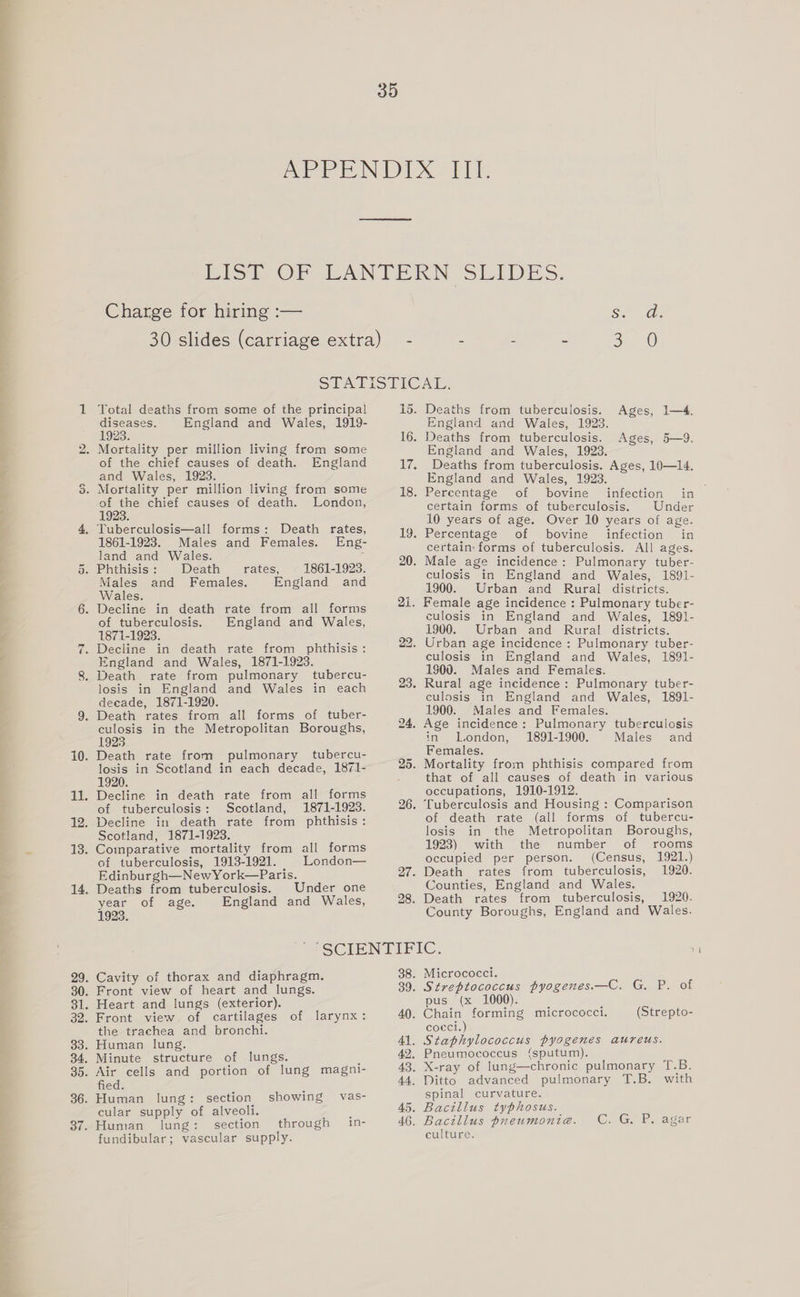 SLPATISTICATL. 1 Total deaths from some of the principal 15. Deaths from tuberculosis. Ag diseases. England and Wales, 1919- England and Wales, 1923. AnD ica : 1923. es ae 16. Deaths from tuberculosis. Ages, 5—9. 2. Mortality per million living from some England and Wales, 1923. Ae: of the chief Cae of death. England 17, Deaths from tuberculosis. Ages, 10—14. and Wales, 1923. England 3. Mortality per million living from some 18 Pt ee Mera. erase in . by > oe chief causes of death. London, certain forms of tuberculosis. Under 4. Tuberculosis—all forms: Death rates, 19 = Yeats Cae CRIS AM Vets Oae: 1861-1923. Males and Females. Eng- - Percentage of bovine infection in (Aud and Wales: certain: forms of tuberculosis. All ages. Meicice | ein ceates, tections. 78 Male ee ineidene: | Pulmonary wuber Males and Females. England and culosis_in England and Wales, 1891- Wales. : 1900. Urban and Rural districts. 6. Decline in death rate from all forms 2i. Female age incidence : Pulmonary tuber- of tuberculosis. England and Wales, culosis in England and Wales, 1891- 1871-1923. 1900. Urban and Rural districts. 7. Decline in death rate from phthisis: 22. Urban age incidence : Pulmonary tuber- England and Wales, 1871-1923. culosis in England and Wales, 1891- 8. Death rate from pulmonary tubercu- 1900. Males and Females. losis in England and Wales in each 23. Rural age incidence: Pulmonary tuber- decade, 1871-1920. culosis in England and Wales, 1891- 9. Death rates from all forms of tuber- 1900. Males and Females. culosis in the Metropolitan Boroughs, 24, Age incidence: Pulmonary tuberculosis 1923 in London, 1891-1900. Males and 10. Death rate from pulmonary tubercu- _ Females. Loe losis in Scotland in each decade, 1871- 25. Mortality from phthisis compared from 1920. that of all causes of death in various 11. Decline in death rate from all forms occupations, 1910-1912. of tuberculosis: Scotland, 1871-1923. 26. Tuberculosis and Housing : Comparison 12. Decline in death rate from phthisis : of death rate (all forms of tubercu- Scotland, 1871-1923. losis in the Metropolitan Boroughs, 13. Comparative mortality from all forms 1923) with the number of rooms of tuberculosis, 1913-1921. London— occupied per person. (Census, 1921.) Edinburgh—NewYork—Paris. 27. Death rates from tuberculosis, 1920. 14. Deaths from tuberculosis. Under one Counties, England and Wales. year of age. England and Wales, 98. Death rates from tuberculosis, 1920. 1923. County Boroughs, England and Wales. SCIENTIFIC. 29. Cavity of thorax and diaphragm. 38. Micrococci. 30. Front view of heart and lungs. 39. Streptococcus pyogenes.—C. G. P. of 31. Heart and lungs (exterior). pus (x 1000). : 32. Front view of cartilages of larynx: 40. Chain forming micrococci. (Strepto- the trachea and bronchi. cocci.) 33. Human lung. 41. Staphylococcus pyogenes aureus. 834. Minute structure of lungs. 42. Pneumococcus (sputum). 35. Air cells and portion of lung magni- 43. X-ray of lung—chronic pulmonary T.B. fied. 44. Ditto advanced pulmonary T.B. with 36. Human lung: section showing vas- 3 spinal curvature. cular supply of alveoli. 45. Bacillus typhosus. 37. Human lung: section through in- 46. Bacillus pneumonia. C. G. P. agar Charge for hiring :— fundibular; vascular supply. culture.