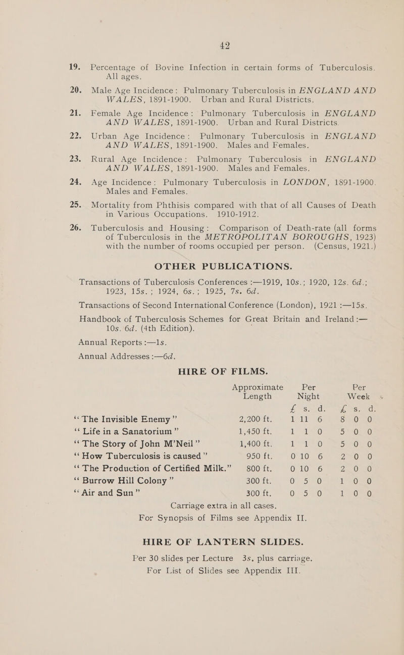 All ages. 20. Male Age Incidence: Pulmonary Tuberculosis in ENGLAND AND WALES, 1891-1900. Urban and Rural Districts. 21. Female Age Incidence: Pulmonary Tuberculosis in ENGLAND AND WALES, 1891-1900. Urban and Rural Districts. 22. Urban Age Incidence: Pulmonary Tuberculosis in ENGLAND AND WALES, 1891-1900. Males and Females. 23. Rural Age Incidence: Pulmonary Tuberculosis in ENGLAND AND WALES, 1891-1900. Males and Females. 24. Age Incidence: Pulmonary Tuberculosis in LONDON, 1891-1900. Males and Females. 25. Mortality from Phthisis compared with that of all Causes of Death in Various Occupations. 1910-1912. 26. Tuberculosis and Housing: Comparison of Death-rate (all forms Approximate Per Per Length Night Week LS. cd. 2 Saree ‘* The Invisible Enemy ”’ Z,2O0rht. i nC SED 30 ‘‘ Life in a Sanatorium ” 1,450 ft. a Uiheta 6 5 Orn ‘* The Story of John M’Neil” 1400 £1, 1 aage Sat 6) a 028 “‘How Tuberculosis is caused ” 950 ft. 020 G ZO 20 ‘* The Production of Certified Milk.” 800 ft. O DOEG 2.0) 26 ‘* Burrow Hill Colony ” 300 ft. Or 5° 1-06 * Air and Sun” 300 ft. 0-5. 0 1 0 0 42 OTHER PUBLICATIONS. Transactions of Tuberculosis Conferences :—1919, 10s.; 1920, 12s. 6d.;: 1923, “15s. 2 19245 6s2> 1925. 7s.-6¢- ’ Transactions of Second International Conference (London), 1921 :—15s. Handbook of Tuberculosis Schemes for Great Britain and Ireland :— 10s. 6d. (4th Edition). Annual Reports :—I1s. Annual Addresses :—6d. HIRE OF FILMS. Carriage extra in all cases. For Synopsis of Films see Appendix II. HIRE OF LANTERN SLIDES. Per 30 slides per Lecture 3s. plus carriage. For List of Slides see Appendix III.