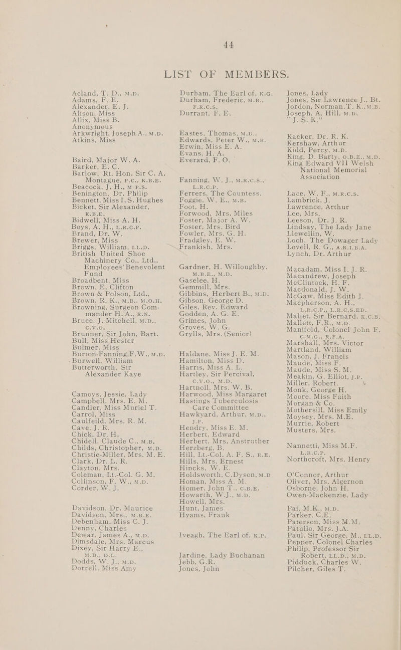 AClanvd> 1h sea Men. Adams, F. E. Alexander, E. J. Alison, Miss Allix, Miss B. Anonymous Arkwright, JosephA., M.p. Atkins, Miss Baird, Major W. A. Barker, E.C. Montague, P.C., K.B.E. Beacock, J. H., M P.s. Benington, Dr. Philip Bennett, MissI.S. Hughes Bicket, Sir Alexander, K.B.E. Bidwell, Miss A. H. IBYoKiAS VeNglielan 16g) Calas Brand, Dr. W. Brewer, Miss Briggs, William, LL.p. British United Shoe Machinery Co., Ltd., Employees’ Benevolent Fund Broadbent, Miss Brown, E. Clifton Brown &amp; Polson, Ltd., Brown, R. K., M.B., M.O.H. Browning, Surgeon Com- mander H.A., R.N. Bruce, J. Mitchell, m.p., CaveOr Brunner, Sir John, Bart. Bull, Miss Hester Bulmer, Miss Burton-Fanning,F.W.,M.p. - Burwell, William Butterworth, Sir Alexander Kaye Camoys, Jessie, Lady Campbell, Mrs. E. M. Candler, Miss Muriel T. Carrol, Miss Caulfeild, Mrs. R. M. Chidell, Claude Cy MB. Childs, Christopher, M.D. Christie-Miller, Mrs. M.E. Cilewelte, Ie, Abi, IRS Clayton, Mrs. Coleman, Lt.-Col. G. M. Collinson, F. W., M.p Corder, W. J. Davidson, Dr. Maurice Davidson, Mrs., M.B.E. Debenham. Miss C. J. Denny, Charles Dewar, James A., M.D. Dimsdale, Mrs. Marcus Dixey, Sir Harry E.., MigiDigg Isis Dodds, W. J., M.D. Dorrell, Miss Amy 44 Durham, The Earl of, k.a. Durham, Frederic, mM.B. akGacn iDiigeani, Ils 1, Eastes, Thomas, M.D., Edwards, Peter W., M.B. Erwin, Miss E. A. Evans, H. A. Everard, F. O. Fanning, W. J., LIRA Cples Ferrers, The Countess. Foggie, W. E., M.B. Hoot, ih Forwood, Mrs. Miles Foster, Major A. W. Foster, Mrs. Bird Fowler, Mrs. G. H. Fradgley, E. W. Frankish, Mrs. M.R.C.S., Gardner, H. Willoughby. M.B.E., M.D. Gaselee, H. Gemmniill, Mrs. Gibbins, Herbert B., m.p. Gibson. George D. Giles, Rev. Edward Godden, A. G. E. Grimes, John Groves, W.G. Grylls, Mrs. (Senior) Haldane, MissJ. E. M. Hamilton, Miss D. iaereens, IMIS Ay Ih Hartley, Sir Percival, OnFOon WiciDa Hanimolle WigsaaWwiers. Harwood, Miss Margaret Hastings Tuberculosis Care Committee Hawkyard, Arthur, M.D., J.P. Hendry, Miss E. M. Herbert, Edward Herbert, Mrs. Anstruther Herzberg, B. LS HUN oie Colle ING 1B. Sy, seas Hills, Mrs. Ernest Hincks, W. E. Holdsworth, C.Dyson, m.p Homan, Miss A. M. Homer, John 1., C.B.E- Howarth, W.J., M.p. Howell, Mrs. Hunt, James Hyams, Frank Iveagh, The Earl of, k.p. Jardine, Lady Buchanan Jebb, G.R. Jones, John Jones, Lady Jones, Sir Lawrence J., Bt. Jordon, Norman.T. K.,M.B. Joseph, A. Hill, m.p. Nir? Kacker, Dro R. ke Kershaw, Arthur Kidd, Percy, M.D. King, D. Barty, 0.B.E., M.D. King Edward VII Welsh National Memorial Association MACE wy 4 Eo. MeRG.Se Lambrick, J. Lawrence, Arthur Lee, Mrs. Leeson, Dr. J. R. Lindsay, The Lady Jane Llewellin, W. Loch, The Dowager Lady Lovell] RG. A.Ret. Beas Lynch, Dr. Arthur Macadam, MissI.J.R Macandrew, soere McClintock, Macdonald, oe a McGaw, Miss Editb J. Macpherson, A. H., eI KOMI Dee DEACON SIDI Mallet, Sir Bernard, K-CuBbe Mallett, F.R., m.p. Manifold, Colonel John F. Gai IRN, Marshall, Mrs. Victor Martland, William Mason, J. Francis Maude, Miss F. Maude, Miss S.M. Meakin, G. Elliot, j.p. Miller, Robert. vs Monk, George H. Moore, Miss Faith Morgan &amp; Co. Mothersill, Miss Emily Moysey, Mrs. M.E. Murrie, Robert Musters, Mrs. Nannetti, Miss M.F. RAC HEE Northcroft, Mrs. Henry O’Connor, Arthur Oliver, Mrs. Algernon Osborne, John H. Owen-Mackenzie, Lady Pai, MOK; wp. ParkersOner Paterson, Miss M.M. Patullo, Ns. AY Paul, Sir George, M., Lu.p. Pepper, Colonel Charles Robert, LL.D., M.D. Pidduck, Charles W. Pilcher, Giles T.