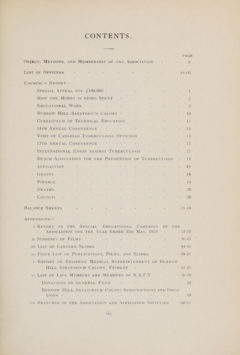 CONTENTS. PAGE OBJECT, METHODS, AND MEMBERSHIP OF THE ASSOCIATION - - il List OF OFFICERS - . - - - - - - vi-vii COUNCILS KEPORT= \ SPECIAL APPEAL FOR £100,000 - - - - ; - 1 How THE MONEY IS BEING SPENT - ae : - : 2 EDUCATIONAL WORK - - - - - - - S) BuRROW HILL SANATORIUM COLONY - - - - = #0, CURRICULUM OF TECHNICAL EDUCATION - - - 7 Ae 14TH ANNUAL CONFERENCE - - - - - ie yale: VISIT OF CANADIAN TUBERCULOSIS OFFICERS - - - 13 15TH ANNUAL CONFERENCE “ : : : r. ares) INTERNATIONAL UNION AGAINST TUBERCULOSIS - = . ye DuTCH ASSOCIATION FOR THE PREVENTION OF TUBERCULOSIS’ - 18 AFFILIATION - - - - : - = - 18 GRANTS - = = - = - - - - 18 FINANCE - : = - - - : - - 19 DEATHS - - - - - - - 2 - 20 COUNCIL - - - - - - - i ee NEG BALANCE SHEETS a - - - - - - 21-24 APPENDICES— i REPORT ON THE SPECIAL EDUCATIONAL CAMPAIGN OF THE ASSOCIATION FOR THE YEAR ENDED 3lst May, 1929 - - 25-35 11 SYNOPSES OF FILMS - - - - - - - 36-43 iii List OF LANTERN SLIDES - - - - - - 44-48 iv-PRICE List OF PUBLICATIONS, FILMS, AND SLIDES - - 49-51 v REPORT OF RESIDENT MEDICAL SUPERINTENDENT OF BURROW HILL SANATORIUM COLONY, FRIMLEY - - - = 92-9) vi List OF LIFE MEMBERS AND MEMBERS OF N.A.P.T. - - 56-58 DONATIONS TO GENERAL FUND - - 7 - Se) BURROW HILL SANATORIUM COLONY SUBSCRIPTIONS AND DONA- TIONS - - - - - - - = 2 59 vii BRANCHES OF THE ASSOCIATION AND AFFILIATED SOCIETIES - 60-62 lit;