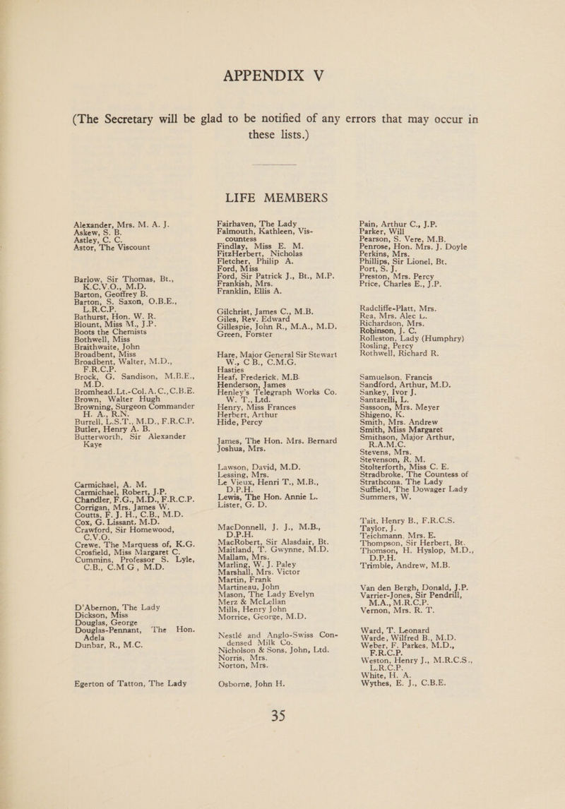 Alexander, Mrs. M. A. J. Askew, S. B. Astley, C. C. Astor, The Viscount Barlow, Sir Thomas, Bt., K.C.V.O., M.D. Barton, Geoffrey B. Barton, S. Saxon, O.B.E., ERCP. Bathurst, Hon. W. R. Blount, Miss M., J.P. Boots the Chemists Bothwell, Miss Braithwaite, John Broadbent, Miss Broadbent, Walter, M.D., BER.C-P: Brock, G. Sandison, M.B.E., M.D. Bromhead. Lt.-Col. A.C.,C.B.E. Brown, Walter Hugh Browning, Surgeon Commander Burrell, LsS.F., M.D., F.R.C.P. Butler, Henry A. B. Butterworth, Sir Alexander Kaye Carmichael, A. M. Carmichael, Robert, J.P. Chandler, F.G., M.D., F.R.C.P. comer Mrs. James WwW. Coutts, F. J. H.,.C.B., M.D. Cox, G. Lissant, M. D. er Sir Homewood, CVO. Crewe, The Marquess of, K.G. Crosfield, Miss Margaret C. Cummins, Professor S. Lyle, C.B., C.M.G, M.D D’Abernon, The Lady Dickson, Miss Douglas, George Douglas-Pennant, The Hon. Adela Dunbar, R., M.C. Egerton of Tatton, The Lady these lists.) LIFE MEMBERS Fairhaven, The Lady Falmouth, Kathleen, Vis- countess Findlay, Miss E. M. FitzHerbert, Nicholas Fletcher, Philip A. Ford, Miss Ford, Sir Patrick J., Bt., M.P. Frankish, Mrs. Franklin, Ellis A. Gilchrist, James C., M.B. Giles, Rev. Edward Gillespie, John R., M.A., M.D. Green, Forster Hare, Major payee Sir Stewart Hasties Heaf, Frederick. M.B. Henderson, James Henley’s Telegraph Works Co. W. T., Ltd. Henry, Miss Frances Herbert, Arthur Hide, Percy James, The Hon. Mrs. Bernard Joshua, Mrs. Lawson, David, M.D. Lessing, Mrs. Le Vieux, Henri T., M.B., DPE. Lewis, The Hon. Annie L. Lister, G. D. MacDonnell, J. J., M.B., D.P.H MacRobert, Sir Alasdair, Bt. Maitland, T. Gwynne, M.D Mallam, Mrs. Marling, W. J. Paley Marshall, Mrs. Victor Martin, Frank Martineau, John Mason, The Lady Evelyn Merz &amp; McLellan Mills, Henry John Morrice, George, M.D. Nestlé and Anglo-Swiss Con- densed Milk Co. Nicholson &amp; Sons, John, Ltd. Norris, Mrs. Norton, Mrs. Osborne, John H. 35 Pain, Arthur C., J.P. Parker, Will Pearson, S. Vere, M.B. Penrose, Hon. Mrs. J. Doyle Perkins, Mrs. Phillips, Sir Lionel, Bt. Port, S Preston, Mrs. Percy Price, Charles E., J.P. Radcliffe-Platt, Mrs. Rea, Mrs. Alec LL. Richardson, Mrs. Robinson, J. C. Rolleston, Lady (Humphry) Rosling, Percy Rothwell, Richard R. Samuelson, Francis Sandford, Arthur, M.D. Sankey, Ivor J. Santarelli, L. Sassoon, Mrs. Meyer Shigeno, K Smith, Mrs. Andrew Smith, Miss Margaret Smithson, Major Arthur, R.A.M.C. Stevens, Mrs. Stevenson, R. M. Stolterforth, Miss C. E. Stradbroke, The Countess of Strathcona, The Lady Suffield, The Dowager Lady Summers, W. Tait, Henry B., F.R.C:S. Taylor, J. Teichmann, Mrs. E. Thompson, Sir Herbert, Bt. a H. Hyslop, M.D. e D Trimble, Andrew, M.B. Van den Bergh, Donald, J.P. Varrier-Jones, Sir Pendrill, Nes M.R.C.P. Vernon, Mrs. R. T. Ward, T. Leonard Warde, Wilfred B., M.D. Weber, F. Parkes, M.D., F.R.C.P. Weston, Henry J., M.R.C.S., jeoRo CaP. White, H. A. Wythes, E. J., C.B.E.