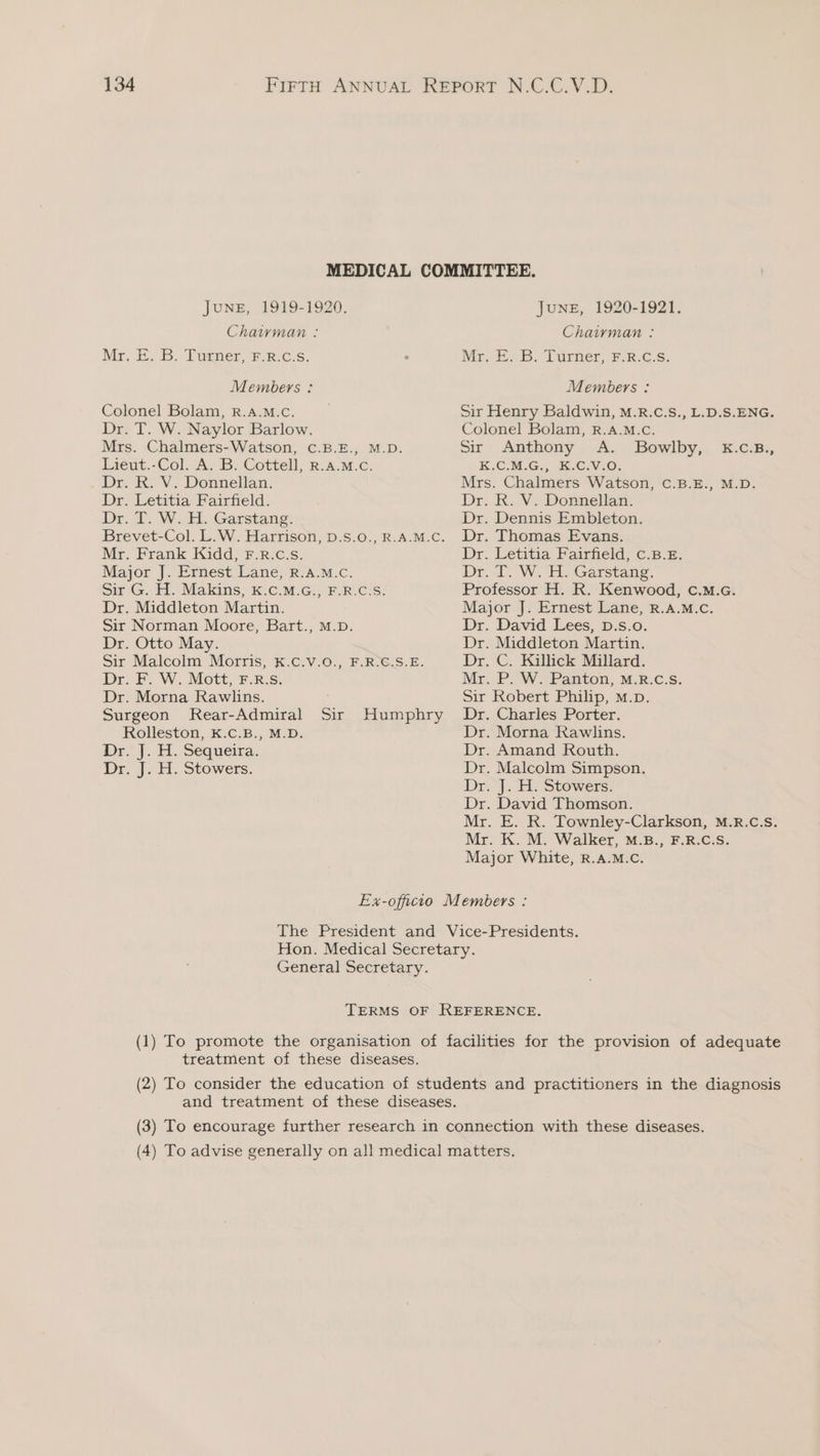 JUNE, 1919-1920. Chaiyman : Mr. E. B. Turner, F.R.c.s. Members: Colonel Bolam, R.A.M.c. Dr. T. W. Naylor Barlow. Mrs. Chalmers-Watson, C.B.E., M.D. Lieut.-Col. A. B. Cottell, R.A.M.c. Dr. R. V. Donnellan. Dr. Letitia Fairfield. Dr. T. W. H. Garstang. Brevet-Col. L.W. Harrison, D.S.0., R.A.M.C. Mr. Frank Kidd, F.R.c.s. Major J. Ernest Lane, R.A.M.c. sit G. H. Makins; K.C.M-G5- FUR iCis: Dr. Middleton Martin. Sir Norman Moore, Bart., M.D. Dr. Otto May. Sir Malcolm Morris, K.C.V.O., F.R.C.S.E. Dr. F. W. Mott, F.R.S. Dr. Morna Rawlins. Surgeon Rear-Admiral Rolleston, K.C.B., M.D. Dr. J. H. Sequeira. Dr. J. H. Stowers. Sir Humphry June, 1920-1921. Chaiyman : Mr. 2. BB. Turner; F:®.C.s, Members : Sir Henry Baldwin, M.R.C.S., L.D.S.ENG. Colonel Bolam, R.A.M.Cc. Sir Anthony A. Bowlby, K:C,.M.G., KC.V.0: Mrs. Chalmers Watson, C.B.E., M.D. Dr. R. V. Donnellan. Dr. Dennis Embleton. Dr. Thomas Evans. Dr. Letitia Fairfield, c.B.£. Dr. T. W. H. Garstang. Professor H. R. Kenwood, c.M.c. Major J. Ernest Lane, R.A.M.C. Dr. David Lees, D.s.o. Dr. Middleton Martin. Dr. C. Killick Millard. Mr. P. W. Panton, M.R.C.S. Sir Robert Philip, m.p. Dr. Charles Porter. Dr. Morna Rawlins. Dr. Amand Routh. Dr. Malcolm Simpson. Drv J,. ta, Stowers: Dr. David Thomson. Mr. E. R. Townley-Clarkson, M.R.C.s. Mr. K. M. Walker, M.B., F.R.C.S. Major White, R.A.M.C. K.C2B;, General Secretary. treatment of these diseases. and treatment of these diseases.