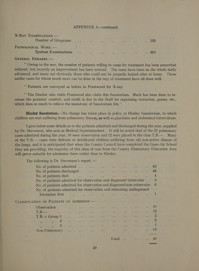 X-Ray EXAMINATIONS :— Number of Skiagrams “e eh Ae ie, Mee op .. 133 PATHOLOGICAL WorK :— Sputum Examinations .. ae i “i a oe .. 363 GENERAL REMARKS :— “ Owing to the war, the number of patients willing to come for treatment has been somewhat reduced, but recently an improvement has been noticed. The cases have been on the whole fairly advanced, and many are obviously those who could not be properly looked after at home. Those earlier cases for whom much more can be done in the way of treatment have all done well. “Patients are conveyed as before to Prestwood for X-ray. “The Dentist who visits Prestwood also visits this Sanatorium. Much has been done to in- crease the patients’ comfort, and credit is due to the Staff for organising recreation, games, etc., which does so much to relieve the monotony of Sanatorium life.”’ Himley Sanatorium.—No change has taken place in policy at Himley Sanatorium, to which children are sent suffering from pulmonary disease, as well as glandular and abdominal tuberculosis. I give below some details as to the patients admitted and discharged during the year, supplied by Dr. Stevenson, who acts as Medical Superintendent. It will be noted that of the 27 pulmonary cases admitted during the year, 10 were observation and 12 were placed in the class T.B.—. Many of the T.B.— cases were delicate or debilitated children suffering from old non-active disease of the lungs, and it is anticipated that when the County Council have completed the Open-Air School they are providing, the majority of this class of case from the County Elementary Education Area will prove suitable for admission there rather than to Himley. The following is Dr. Stevenson’s report :— No. of patients admitted .. Ae 1 fg Ip ‘i .. 43 No. of patients discharged oF ott = a ef fie 4AO No. of patients died iv is re a 2 ‘J No. of patients admitted for observation and diagnosed tubercular .. 3 No. of patients admitted for observation and diagnosed non-tubercular 6 No. of patients admitted for observation and remaining undiagnosed December 31st 9 ies sae 7 a8 ey “A ah ad CLASSIFICATION OF PATIENTS ON ADMISSION :— Observation es * ae a on 4 ae ae eK. T.B.— z at ee or a se ee doting ED T.B.+ Group! .. us oe a at aa ae Hemel Non-Pulmonary .. oh T ths ee PY vs fe 915 LOCA. ae <% AO