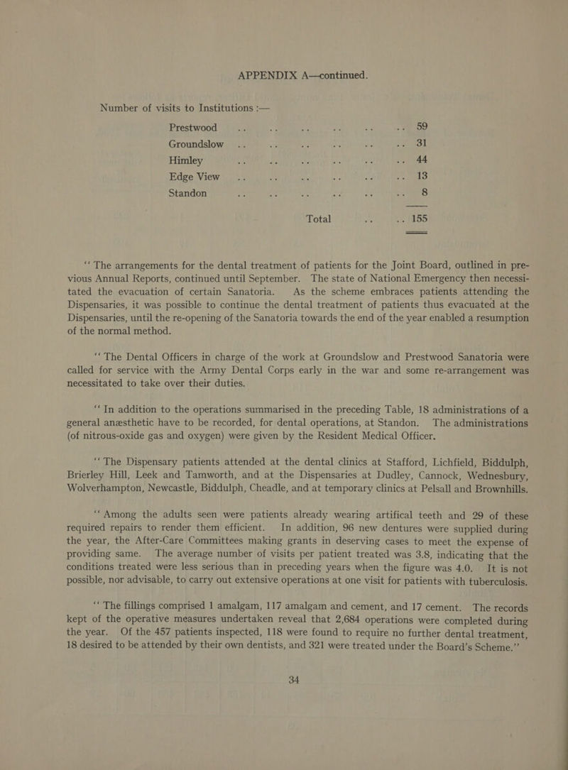 Number of visits to Institutions :— Prestwood 7 4). s) ee x. aoe Groundslow .. at nt ate is 5 Se. Himley s yi: sty - fi .. 44 Edge View... oP xe s i mm be) Standon As Ae ae “0 ar ue ats: Total “ » » (155 ‘The arrangements for the dental treatment of patients for the Joint Board, outlined in pre- vious Annual Reports, continued until September. The state of National Emergency then necessi- tated the evacuation of certain Sanatoria. As the scheme embraces patients attending the Dispensaries, it was possible to continue the dental treatment of patients thus evacuated at the Dispensaries, until the re-opening of the Sanatoria towards the end of the year enabled a resumption of the normal method. ‘“The Dental Officers in charge of the work at Groundslow and Prestwood Sanatoria were called for service with the Army Dental Corps early in the war and some re-arrangement was necessitated to take over their duties. ‘““TIn addition to the operations summarised in the preceding Table, 18 administrations of a general anesthetic have to be recorded, for dental operations, at Standon. The administrations (of nitrous-oxide gas and oxygen) were given by the Resident Medical Officer. ‘“The Dispensary patients attended at the dental clinics at Stafford, Lichfield, Biddulph, Brierley Hill, Leek and Tamworth, and at the Dispensaries at Dudley, Cannock, Wednesbury, Wolverhampton, Newcastle, Biddulph, Cheadle, and at temporary clinics at Pelsall and Brownhills. ‘““Among the adults seen were patients already wearing artifical teeth and 29 of these required repairs to render them efficient. In addition, 96 new dentures were supplied during the year, the After-Care Committees making grants in deserving cases to meet the expense of providing same. The average number of visits per patient treated was 3.8, indicating that the conditions treated were less serious than in preceding years when the figure was 4.0. It is not possible, nor advisable, to carry out extensive operations at one visit for patients with tuberculosis. ‘““ The fillings comprised 1 amalgam, 117 amalgam and cement, and 17 cement. The records kept of the operative measures undertaken reveal that 2,684 operations were completed during the year. Of the 457 patients inspected, 118 were found to require no further dental treatment, 18 desired to be attended by their own dentists, and 321 were treated under the Board’s Scheme.”’