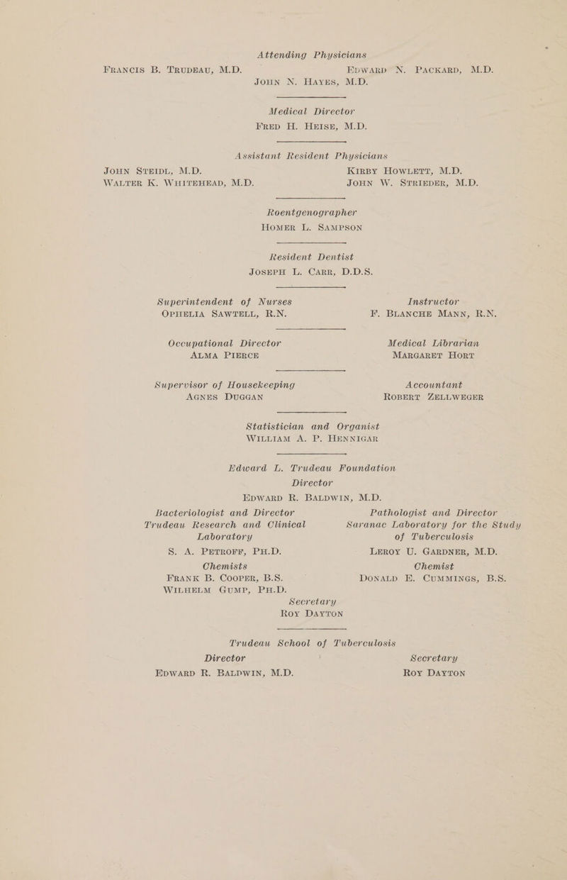 Attending Physicians FRANCIS B. TRUDEAU, M.D. HpWARD N. PACKARD, M.D. JOHN N. Hayes, M.D. Medical Director FRED H. HEISE, M.D. Assistant Resident Physicians JOHN STEIDL, M.D. KIRBY HOWLETT, M.D. WALTER K. WHITEHEAD, M.D. JOHN W. STRIEDER, M.D. Roentgenographer HomMER L. SAMPSON Resident Dentist JOSEPH L. CARR, D.D.S. Superintendent of Nurses Instructor OPHELIA SAWTELL, R.N. I’. BLANCHE MANN, R.N. Occupational Director Medical Librarian ALMA PIERCE MARGARET HORT Supervisor of Housekeeping Accountant AGNES DUGGAN ROBERT ZELLWEGER Statistician and Organist WILLIAM A. P. HENNIGAR Hdward L. Trudeau Foundation Director EDWARD R. BALDWIN, M.D. Bacteriologist and Director Pathologist and Director Trudeau Research and Clinical Saranac Laboratory for the Study Laboratory of Tuberculosis S. A. PETROFF, PH.D. LEROY U. GARDNER, M.D. Chemists Chemist FRANK B. Cooper, B.S. DONALD E. CUMMINGS, B.S. WILHELM GUMP, PH.D. Secretary Roy DAYTON Trudeau School of Tuberculosis Director : Secretary Epwarp R. BALDWIN, M.D. Roy DAYTON