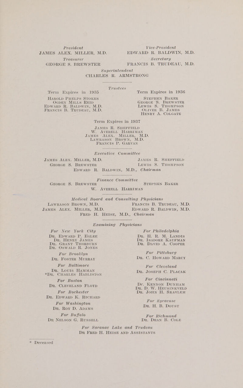 Vice-President EDWARD R. BALDWIN, M.D. Secretary FRANCIS B. TRUDEAU, M.D. President JAMES ALEX. MILLER, M.D. Treasurer GHORGEH 8. BREWSTER Superintendent CHARLES R. ARMSTRONG Trustees Term 1935 HAROLD PHELPS STOKES OGDEN MILLS REID EDWARD R. BALDWIN, M.D. FRANCIS B. TRUDEAU, M.D. Expires in Term Expires in 1936 STEPHEN BAKER GEORGE S. BREWSTER LEWIS S. THOMPSON OLIVER B. JAMES HENRY A. COLGATE JAMES R. JAMES ALEX. LAWRASON M.D. JAMES ALEX. MILLER, M.D. GEORGE 8S. BREWSTER JAMES R. SHEFFIELD LEWIS S. THOMPSON GEORGE S. BREWSTER STEPHEN BAKER W. AVERELL HARRIMAN Medical Board and Consulting Physicians LAWRASON Brown, M.D. FRANCIS B. TRUDEAU, M.D. JAMES ALEX. MILLER, M.D. EDWARD R. BALDWIN, M.D. FreD H. HEISE, M.D., Chairman Haramining Physicians For New York City Dr. EDWARD P. EGLEE Dr. HENRY JAMES Dr. GRANT THORBURN Dr. OSWALD R. JONES For Brooklyn Dr. FOSTER MURRAY For Baltimore Dr. LOUIS HAMMAN *Dr. CHARLES HABLISTON For Boston Dr. CLEVELAND FLOYD For Rochester Dr. EDWARD K. RICHARD For Washington Dr. Roy D. ADAMS For Buffalo Dr NELSON G. RUSSELL For Philadelphia Dr. H. R. M. LANDIS Dr. ISADORE KAUFMAN Dr. DAviIp A. COOPER For Pittsburg Dr. C. Howard Marcy For Cleveland Dr. JOSEPH C. PLACAK For Cincinnati Dr. KENNON DUNHAM Dr. D. W. HEUSINKVELD Dr. JOHN H. SKAVLEM For Syracuse IDS, JEG, 18, Dowie For Richmond Dr. DEAN B. COLE