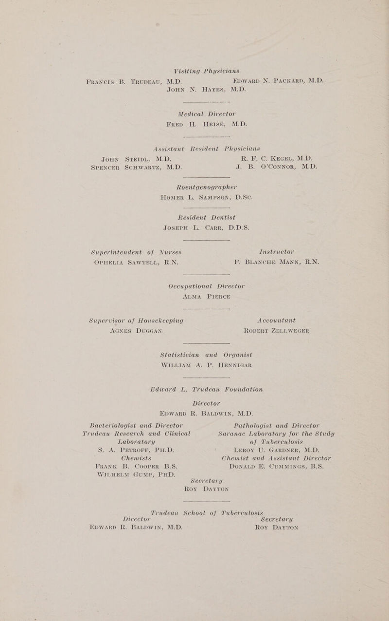Visiting Physicians FRANCIS B. TrRuDEAU, M.D. Epwarp N. PAackKarD, M.D. JOHN N. HAyYeEs, M.D. Medical Director ies) Jel, Islas, Yl! D. Assistant Resident Physicians JOHN STEIDL, M.D. R. F. C. KEGEL, M.D. SPENCER SCHWARTZ, M.D. J. B. O’ConNoR, M.D. Roentgenographer Homer L. SAMPSON, D.Sc. Resident Dentist JOSEPH L. Carr, D.D.S. Superintendent of Nurses Instructor OPHELIA SAWTELL, R.N. EF. BLANCHE MANN, R.N. Occupational Director ALMA PIERCE Supervisor of Housekeeping Accountant AGNES DUGGAN ROBERT ZELLWEGER Statistician and Organist WILLIAM A. P. HENNIGAR Edward L. Trudeau Foundation Director EDWARD R. BALDWIN, M.D. Bacteriologist and Director Pathologist and Director Trudeau Research and Clinical Saranac Laboratory for the Study Laboratory of Tuberculosis S. A. PETROFF,-PH.D. , LEROY U. GARDNER, M.D. Chemists Chemist and Assistant Director FRANK B. COOPER B.S. DONALD EH. CUMMINGS, B.S. WILHELM GUMP, PHD. Secretary Roy DaAyTON Trudeaw School of Tuberculosis Director Secretary EDWARD R. BALDWIN, M.D. Roy DAYTON