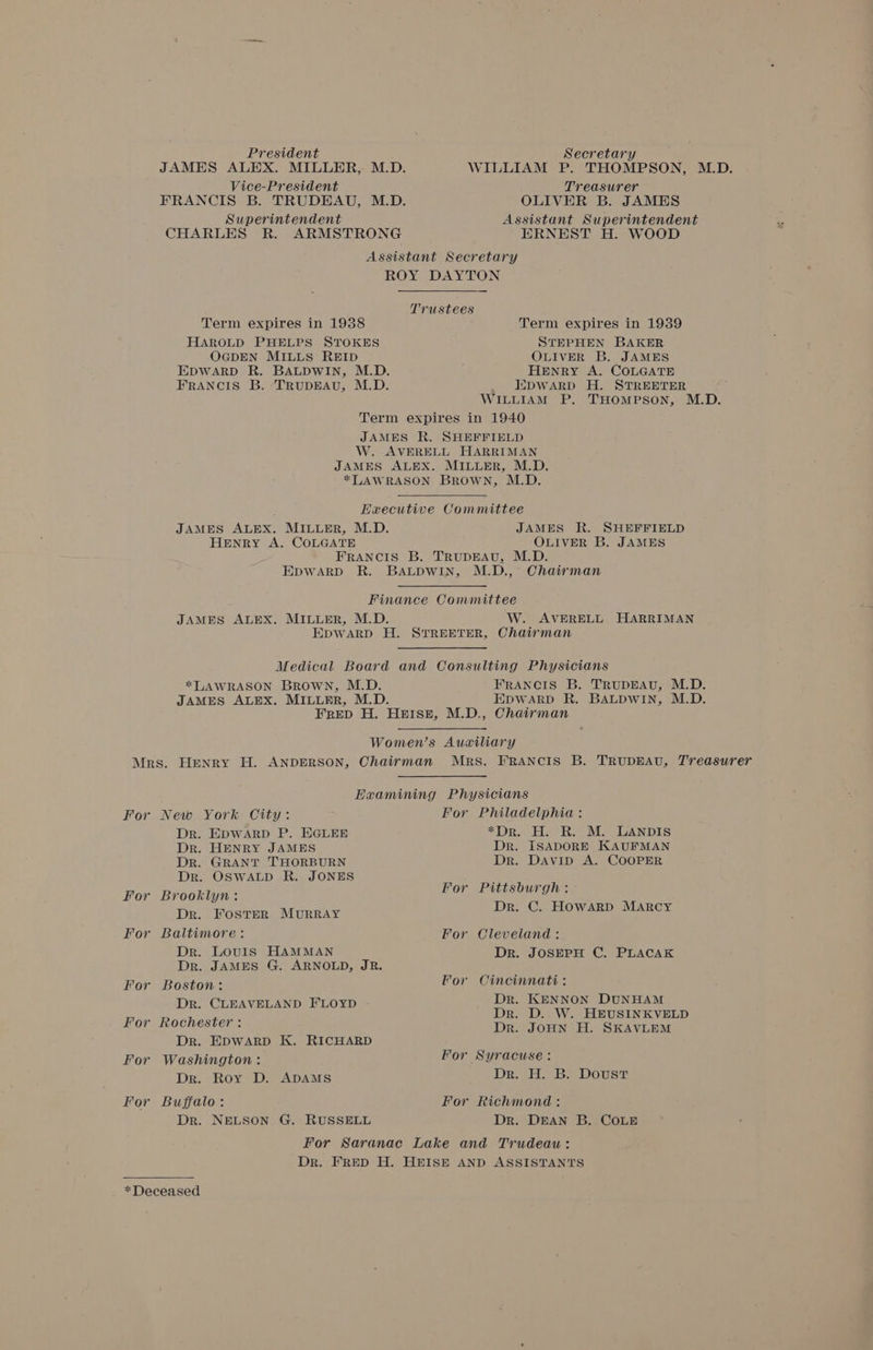 President Secretary JAMES ALEX. MILLER, M.D. WILLIAM P. THOMPSON, M.D. Vice-President Treasurer FRANCIS B. TRUDEAU, M.D. OLIVER B. JAMES Superintendent Assistant Superintendent CHARLES R. ARMSTRONG ERNEST H. WOOD Assistant Secretary ROY DAYTON Trustees Term expires in 1938 Term expires in 1939 HAROLD PHELPS STOKES STEPHEN BAKER OGDEN MILLS REID OLIVER B. JAMES EDWARD R. BALDWIN, M.D. HENRY A. COLGATE FRANCIS B. TRUDEAU, M.D. IiDWARD H. STREETER WILLIAM P. THOMPSON, M.D. Term expires in 1940 JAMES R. SHEFFIELD W. AVERELL HARRIMAN JAMES ALEX. MILLER, M.D. *LAWRASON BROWN, M.D. Executive Committee JAMES ALEX. MILLER, M.D. JAMES R. SHEFFIELD Henry A. COLGATE OLIVER B. JAMES FRANCIS B. TRUDEAU, M.D. Epwarp R. BALDWIN, M.D., Chairman Finance Committee JAMES ALEX. MILLER, M.D. W. AVERELL HARRIMAN EpWARD H. STREETER, Chairman Medical Board and Consulting Physicians *LAWRASON BROWN, M.D. FRANCIS B. TRUDEAU, M.D. JAMES ALEX. MILLER, M.D. EDWARD R. BALDWIN, M.D. FreD H. HpIsp, M.D., Chairman Women’s Auxiliary Examining Physicians For New York City: For Philadelphia: Dr. EDWARD P. HGLEE *Dr. H. R. M. LANDIS Dr. HENRY JAMES Dr. ISADORE KAUFMAN Dr. GRANT THORBURN Dr. DAvip A. COOPER For For For For For For Dr. OSWALD R. JONES : For Pittsburgh: - Brooklyn: Dr. FosTer Murray Dr. C. HOWARD MARCY Baltimore : For Cleveland: Dr. LouIs HAMMAN Dr. JOSEPH C. PLACAK Dr. JAMES G. ARNOLD, JR. Boston: For Cincinnati: Dr. CLEAVELAND FLoyD - Dr. KENNON DUNHAM Pachextore Dr. D. W. HEUSINKVELD UMLIG ES LN Dr. JoHN H. SKAVLEM Dr. EDWARD K. RICHARD Washington : For Syracuse : Dr. Roy D. ADAMS Dr. H. B. Doust Buffalo : For Richmond: Dr. NELSON G. RUSSELL Dr. DEAN B. COLE For Saranac Lake and Trudeau: Dr. FRED H. HEISE AND ASSISTANTS