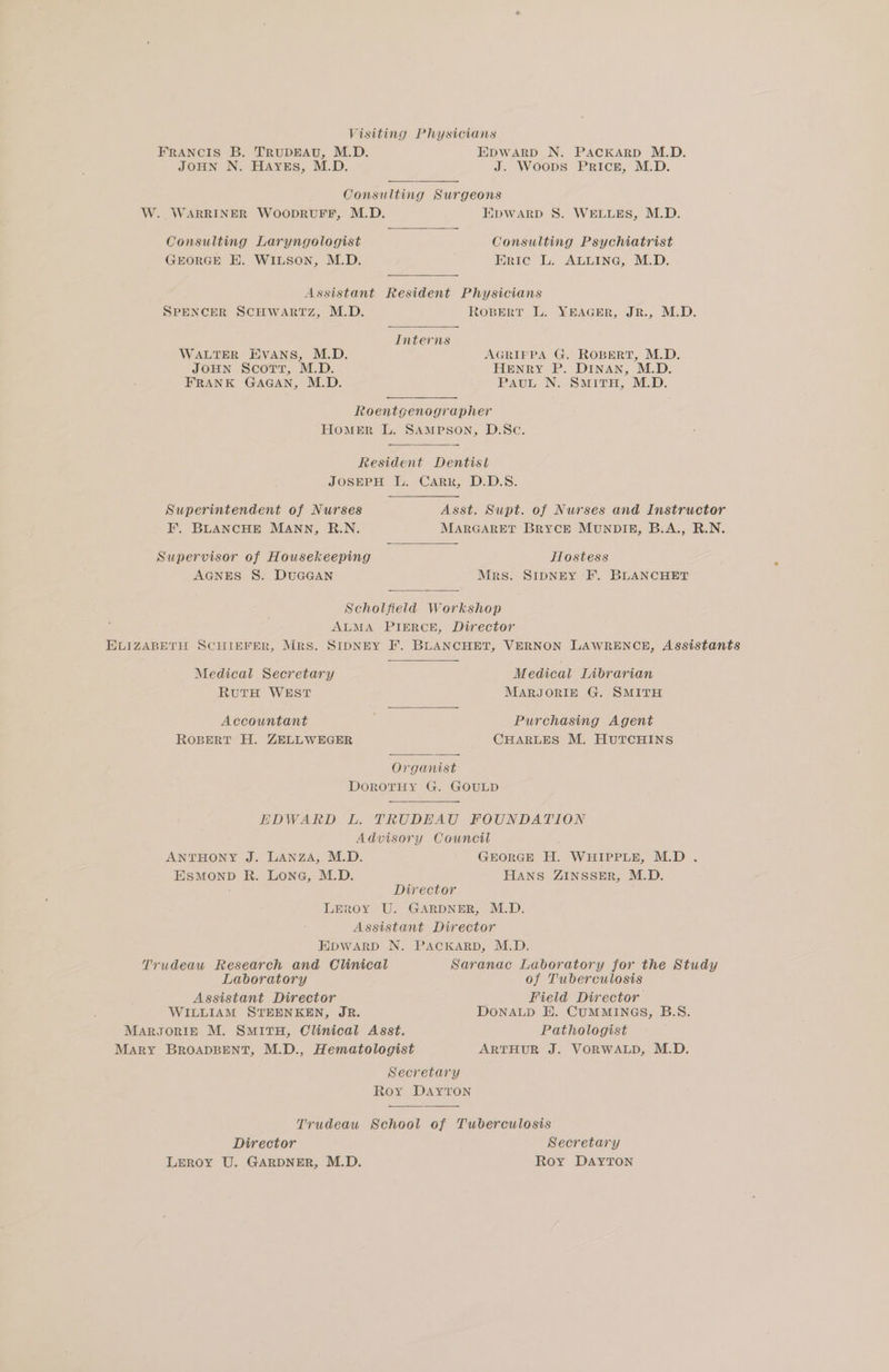 Visiting Physicians FRANCIS B. TRUDEAU, M.D. HpDWARD N. PAcKARD M.D. JOHN N. HAyEs, M.D. J. Woops Pricg, M.D. Consulting Surgeons EDWARD S. WELLES, M.D. W. WARRINER WOODRUFF, M.D. Consulting Psychiatrist Consulting Laryngologist GEORGE EK. WILSON, M.D. Eric L. ALLING, M.D. Assistant Resident Physicians ROBERT L. YEAGER, JR., M.D. SPENCER SCHWARTZ, M.D. Interns WALTER EVANS, M.D. AGRIFPA G. ROBERT, M.D. HENRY P. DINAN, M.D. PAUL N. SMITH, M.D. JOHN Scorr, M.D. FRANK GAGAN, M.D. Roentgenographer Homer L. SAMPSON, D.Nc. Resident Dentist JOSEPH L. CARk, D.D.S. Asst. Supt. of Nurses and Instructor Superintendent of Nurses MARGARET BRYCE MUNDIE, B.A., R.N. F. BLANCHE MANN, R.N. Supervisor of Housekeeping Hostess AGNES S. DUGGAN Mrs. SIDNEY F. BLANCHET Scholfield Workshop : ALMA PIERCE, Director BLIZABETH SCHIEFER, MRS. SIDNEY F. BLANCHET, VERNON LAWRENCE, Assistants Medical Secretary Medical TAbrarian RutH WEST MARJORIE G. SMITH Accountant Purchasing Agent ROBERT H. ZELLWEGER CHARLES M. HUTCHINS Organist DorotTHy G. GOULD EDWARD L. TRUDEAU FOUNDATION Advisory Cowncil ANTHONY J. LANZA, M.D. GEORGE H. WHIPPLE, M.D . ESMOND R. Lone, M.D. HANS ZINSSER, M.D. Director LEROY U. GARDNER, M.D. Assistant Director EDWARD N. PACKARD, M.D. Saranac Laboratory for the Study of Tuberculosis Field Director DONALD E. CUMMINGS, B.S. Pathologist ARTHUR J. VORWALD, M.D. Trudeau Research and Clinical Laboratory Assistant Director WILLIAM STEENKEN, JR. Marsori£ M. SMITH, Clinical Asst. Mary BROADBENT, M.D., Hematologist Secretary Roy DAYTON Trudeau School of Tuberculosis Secretary Director Roy DAYTON Leroy U. GARDNER, M.D.