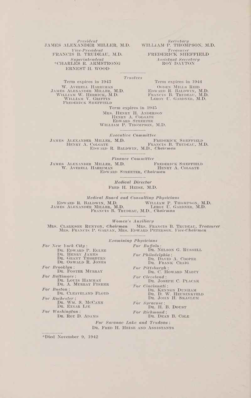 President Vice-President FRANCIS B. TRUDEAU, M.D. Superintendent *CHARLES R. ARMSTRONG ERNEST H. WOOD Term expires in 1943 W. AVERELL HARRIMAN JAMES ALEXANDER MILLER, M.D. WILLIAM W. HERRICK, M.D. WILLIAM V. GRIFFIN FREDERICK SHEFFIELD Secretary WILLIAM P. THOMPSON, M.D. Treasurer FREDERICK SHEFEFINHLD Assistant Secretary ROY DAYTON Term expires in 1944 OGDEN MILLS REID HpWARD R. BALDWIN, M.D. FRANCIS B. TRUDEAU, M.D. LEROY U. GARDNER, M.D. STREETER HENRY A. COLGATE IREDERICK SHEFFIELD FRANCIS B. TRUDEAU, M.D. W. AVERELL HARRIMAN FREDERICK SHEFFIELD HENRY A. COLGATE EpWARD R. BALDWIN, M.D. JAMES ALEXANDER MILLER, M.D. WILLIAM P. THOMPSON, M.D. LEROY U. GARDNER, M.D. Mrs. FRANCIS B. TRUDEAU, Treasurer For New York City: Dr. EDWARD P. EGLEE Dr. HENRY JAMES Dr. GRANT THORBURN Dr. OSWALD R. JONES For Brooklyn: Dr. FOSTER MURRAY For Baltimore: Dr. LOUIS HAMMAN Dr. A. MuRRAY FISHER For Boston: Dr. CLEAVELAND FLOYD For Rochester : Dr. WM. S. McCann Dr. EINAR LIE For Washington : Dr. Roy D. ADAMS For Buffalo: Dr. NELSON G. RUSSELL For Philadelphia : Dr. Davip A. COOPER Dr. FRANK CRAIG For Pittsburgh : Dr. C. HowArRD MARCY For Cleveland: Dr. JOSEPH C. PLACAK For Cincinnati: Dr. KENNON DUNHAM Dr. D. W. HEUSINKVELD : Dr. JOHN H. SKAVLEM For Syracuse: Dr. HE. B. Dousr For Richmond: Dr. DEAN B. COLE *Died November 0; 1942