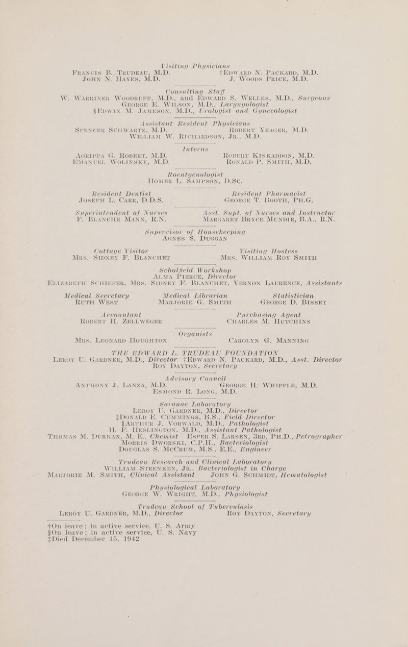 Visiting Physicians FRANCIS B. TRUDEAU, M.D. +HDWARD N. PACKARD, M.D. JOHN N. HAYES, M.D. J. WOODS PRICE, M.D. Consulting Staff M.D., and HpwARrD 8. WELLES, M.D., Surgeons W. WARRINER WOODRUFF, GEORGE EK. WILSON, M.D., Laryngologist SEpWwIn M. JaAwpson, M.D., Urologist and Gynecologist Assistant Resident Physicians ROBERT YEAGER, M.D. SPENCER SCHWARTZ, M.D. WILLIAM W. RICHARDSON, JR., M.D. Interns AGRIPPA G. ROBERT, M.D. ROBERT KISKADDON, M.D. EMANUEL WOLINSKY, M.D. RONALD P. SMITH, M.D. Roentgenologist Homer L. SAMPSON, D.Sc. Resident Dentist Resident Pharmacist JOSEPH L. CARR, D.D.S. JEORGE T. BootTH, PH.G. Superintendent of Nurses Asst. Supt. of Nurses and Instructor KY, BLANCHE MANN, R.N. MARGARET BRYCE MUNDI, B.A., R.N. Supervisor of Housekeeping AGNES S. DUGGAN Cottage Visitor Visiting Hostess MRS. SIDNEY F.. BLANCHET Mrs. WILLIAM Roy SMITH Scholfield Workshop ALMA PIERCH, Director ; ELIZABETH SCHIEFER, MRS. SIDNEY FH. BLANCHET, VERNON LAURENCE, Assistants Medical Secretary Medical Librarian _ Statistician RuTH WEST MARJORIE G. SMITH GEORGE D. BISSET Accountant Purchasing Agent ROBERT H. ZELLWEGER CHARLES M. HuTCcHINS Organists Mrs. LEONARD HOUGHTON CAROLYN G. MANNING THH HDWARD L. TRUDEAU FOUNDATION LEROY U. GARDNER, M.D., Director }+EDWARD N. PACKARD, M.D., Asst. Director Roy Dayton, Secretary Advisory Council GEORGE H. WHIPPLE, M.D. ANTHONY J. LANZA, M.D. ESMOND R. LONG, M.D. Saranac Laboratory LEROY U. GARDNER, M.D., Director *DONALD H#). CUMMINGS, B.S., Field Director §SARTHUR J. VORWALD, M.D., Pathologist H. F. HeESLInGToNn, M.D., Assistant Pathologist THOMAS M. DuRKAN, M. E., Chemist Esper S. LARSEN, 38RD, PH.D., Petrographer Morris Dworski, C.P.H., Bacteriologist Doucuas S. McCrum, M.S., H.E., Hngineer Trudeau Research and Clinical Laboratory ; WILLIAM STEENKEN, JRr., Bacteriologist in Charge M. SmivtH, Clinical Assistant JOHN G. SCHMIDT, Hematologist Physiological Laboratory GEORGE W. WRIGHT, M.D., Physiologist MARJORIE Trudeau School of Tuberculosis Roy Dayton, Secretary LEROY U. GARDNER, M.D., Director *On leave; in active service, U. S. Army §On leave; in active service, U. S. Navy Died December 15, 1942