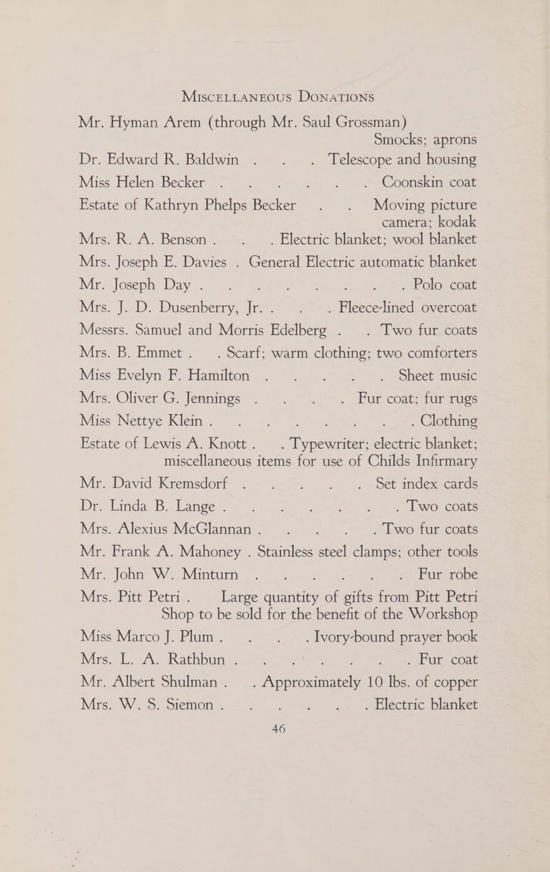 MIscELLANEOUS DONATIONS Mr. Hyman Arem (through Mr. Saul Grossman) Smocks; aprons Dr. Edward R. Baldwin . . . Telescope and housing Miss Helem: Becker ~ &gt;, ua 2 er Coonskimeeoat Estate of Kathryn Phelps pee: oo 2 “Moune picture camera; kodak Mes. R= 7A: Benson: &gt;... -. Electric blanket: wool blanket Mrs. Joseph E. Davies . General Electric automatic blanket Mer: lasephi: Day: 22 At ne Si So pa ele cease Mrs. J. D. Dusenberry, Jr... . Fleece-lined overcoat Messrs. Samuel and Morris Edelberg . . Two fur coats Mrs. B. Emmet... Scarf; warm clothing; two comforters Miss Evelyn Foliemilton; . &gt; = (3 = *Sheetemusic Mes. Oliwer-G, Jeanings *. ~~. ~~ &lt;2 Bur coats Miss Nettye, Klemm 2... = Swe sg #, Clothing Estate of Lewis A. Knott . cc electric blanket; miscellaneous items for use of Childs Infirmary Mr, David Keemsdort | ~~.se5 5, =—Setindextennra- De MindasB. Langes) 0 “oP se Se ee geeate Mrs. Alexius MceGhnnan—- ~. 1.0... &gt; deweturieoste Mr. Frank A. Mahoney . Stainless steel clamps; other tools Mir, Johns Woavitncicn 2 SS trope Murs. Pite Petri, Large quantity i gifts from Pitt Petri Shop to be sold for the benefit of the Workshop» Miss Marco J. Plum. . . __ .Ivory-bound prayer book Mors, a, Raton. he” § &lt;r On eeae Mr. Albert Shulman . Pet 10 lbs. of copper Mrs: WS. Siemon. 5 .: = sf 2 2s lectidc lamer