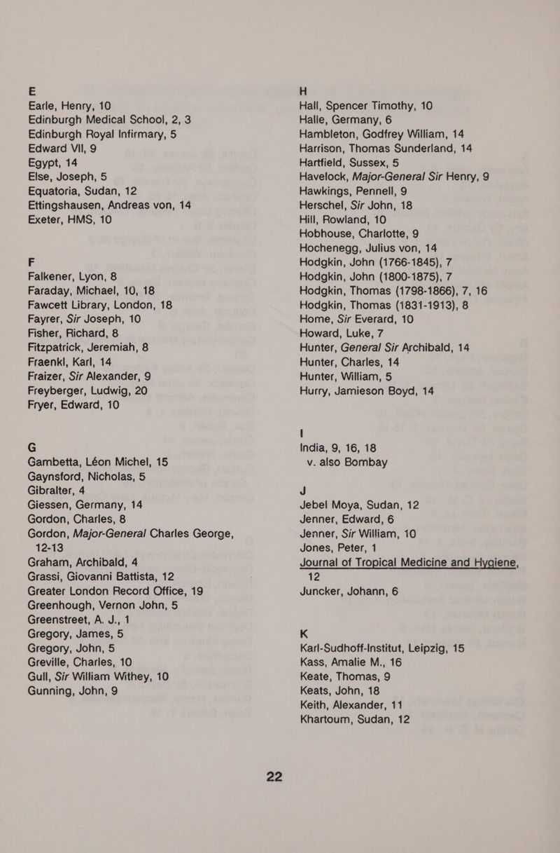 E Earle, Henry, 10 Edinburgh Medical School, 2, 3 Edinburgh Royal Infirmary, 5 Edward VII, 9 Egypt, 14 Else, Joseph, 5 Equatoria, Sudan, 12 Ettingshausen, Andreas von, 14 Exeter, HMS, 10 F Falkener, Lyon, 8 Faraday, Michael, 10, 18 Fawcett Library, London, 18 Fayrer, Sir Joseph, 10 Fisher, Richard, 8 Fitzpatrick, Jeremiah, 8 Fraenkl, Karl, 14 Fraizer, Sir Alexander, 9 Freyberger, Ludwig, 20 Fryer, Edward, 10 G Gambetta, Léon Michel, 15 Gaynsford, Nicholas, 5 Gibralter, 4 Giessen, Germany, 14 Gordon, Charles, 8 Gordon, Major-General Charles George, 12-13 Graham, Archibald, 4 Grassi, Giovanni Battista, 12 Greater London Record Office, 19 Greenhough, Vernon John, 5 Greenstreet, A. J., 1 Gregory, James, 5 Gregory, John, 5 Greville, Charles, 10 Gull, Sir William Withey, 10 Gunning, John, 9 22 H Hall, Spencer Timothy, 10 Halle, Germany, 6 Hambleton, Godfrey William, 14 Harrison, Thomas Sunderland, 14 Hartfield, Sussex, 5 Havelock, Major-General Sir Henry, 9 Hawkings, Pennell, 9 Herschel, Sir John, 18 Hill, Rowland, 10 Hobhouse, Charlotte, 9 Hochenegg, Julius von, 14 Hodgkin, John (1766-1845), 7 Hodgkin, John (1800-1875), 7 Hodgkin, Thomas (1798-1866), 7, 16 Hodgkin, Thomas (1831-1913), 8 Home, Sir Everard, 10 Howard, Luke, 7 Hunter, General Sir Archibald, 14 Hunter, Charles, 14 Hunter, William, 5 Hurry, Jamieson Boyd, 14 { India, 9, 16, 18 v. also Bombay J Jebel Moya, Sudan, 12 Jenner, Edward, 6 Jenner, Sir William, 10 Jones, Peter, 1 12 Juncker, Johann, 6 K Karl-Sudhoff-Institut, Leipzig, 15 Kass, Amalie M., 16 Keate, Thomas, 9 Keats, John, 18 Keith, Alexander, 11 Khartoum, Sudan, 12