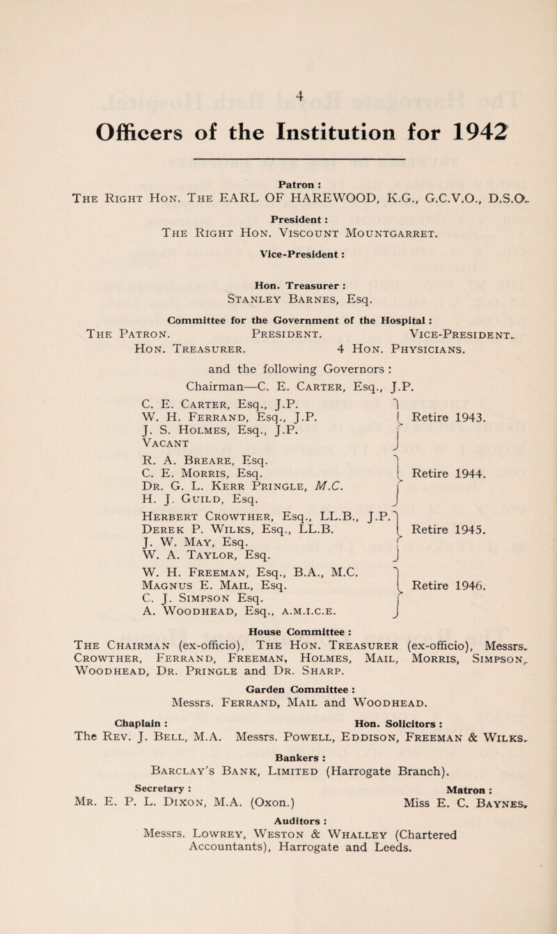 Officers of the Institution for 1942 Patron : The Right Hon. The EARL OF HAREWOOD, K.G., G.C.V.O., D.S.CX. President: The Right Hon. Viscount Mountgarret. Vice-President: Hon. Treasurer : Stanley Barnes, Esq. Committee for the Government of the Hospital: The Patron. President. Vice-President.. Hon. Treasurer. 4 Hon. Physicians. and the following Governors : Chairman—C. E. Carter, Esq., J.P. C. E. Carter, Esq., J.P. W. H. Ferrand, Esq., J.P. J. S. Holmes, Esq., J.P. Vacant R. A. Breare, Esq. C. E. Morris, Esq. Dr. G. L. Kerr Pringle, M.C. H. J. Guild, Esq. Herbert Crowther, Esq., LL.B., Derek P. Wilks, Esq., LL.B. J. W. May, Esq. W. A. Taylor, Esq. W. H. Freeman, Esq., B.A., M.C. Magnus E. Mail, Esq. C. J. Simpson Esq. A. WOODHEAD, Esq., A.M.I.C.E. House Committee : The Chairman (ex-officio). The Hon. Treasurer (ex-officio), Messrs. Crowther, Ferrand, Freeman, Holmes, Mail, Morris, Simpson,. Woodhead, Dr. Pringle and Dr. Sharp. Garden Committee : Messrs. Ferrand, Mail and Woodhead. Chaplain : Hon. Solicitors : The Rev. J. Bell, M.A. Messrs. Powell, Eddison, Freeman & Wilks. Bankers : Barclay’s Bank, Limited (Harrogate Branch). Secretary : Matron : Mr. E. P. L. Dixon, M.A. (Oxon.) Miss E. C. Baynes, Auditors : Messrs. Lowrey, Weston & Whalley (Chartered Accountants), Harrogate and Leeds. ! Retire 1943. J 1 Retire 1944. J.P. r j ] > J Retire 1945. Retire 1946.