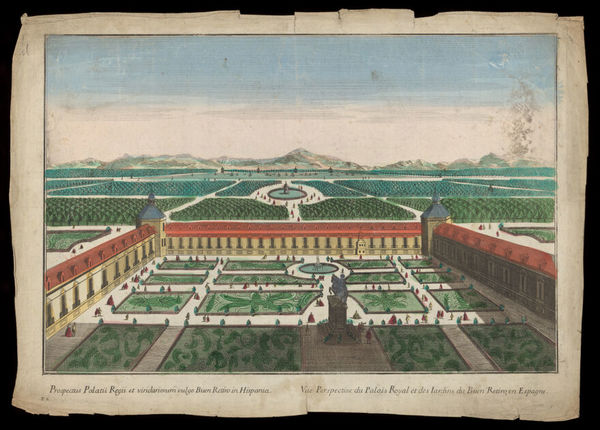 Buen Retiro palace, Madrid: the gardens. Coloured etching, 17--.