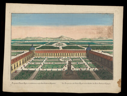 Buen Retiro palace, Madrid: the gardens. Coloured etching, 17--.