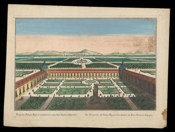 Buen Retiro palace, Madrid: the gardens. Coloured etching, 17--.
