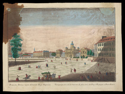 Buen Retiro palace, Madrid. Coloured etching, 17--.