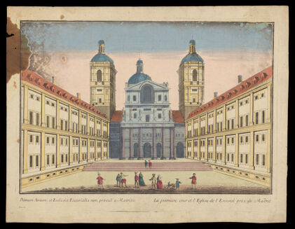 Monastery of El Escorial, Madrid: Courtyard of the Kings, and the basilica. Coloured etching, 17--.