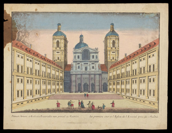 Monastery of El Escorial, Madrid: Courtyard of the Kings, and the basilica. Coloured etching, 17--.
