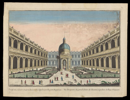 Monastery of El Escorial, Madrid: Courtyard of the Evangelists. Coloured etching, 17--.
