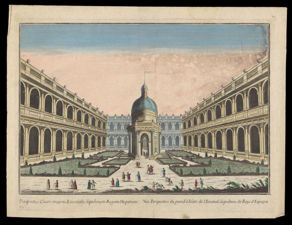 Monastery of El Escorial, Madrid: Courtyard of the Evangelists. Coloured etching, 17--.