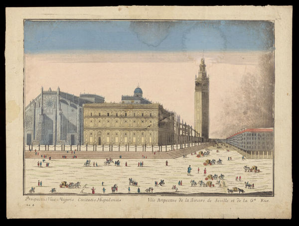 Seville: buildings and streets. Coloured etching, 17--.