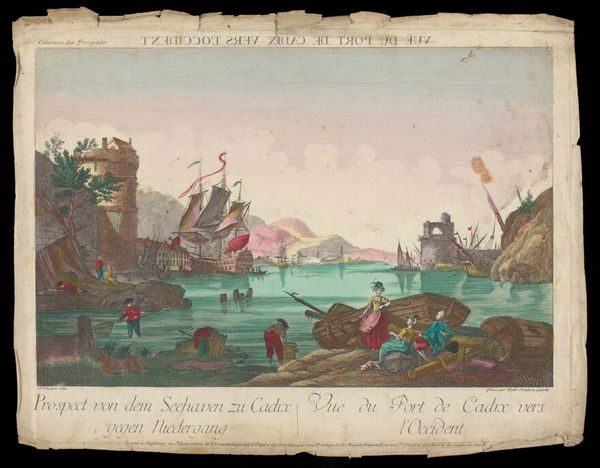 Cadiz: the port. Coloured etching by B.F. Leizelt after N.M. Ozanne, 17--.