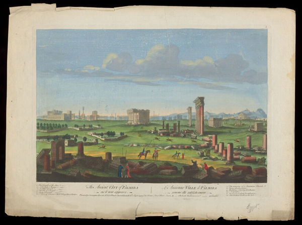 Palmyra, Syria: remains of the ancient buildings. Coloured etching, 17--.