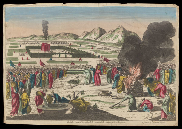 Israel: sacrifice of a red heifer. Coloured etching, 17--.