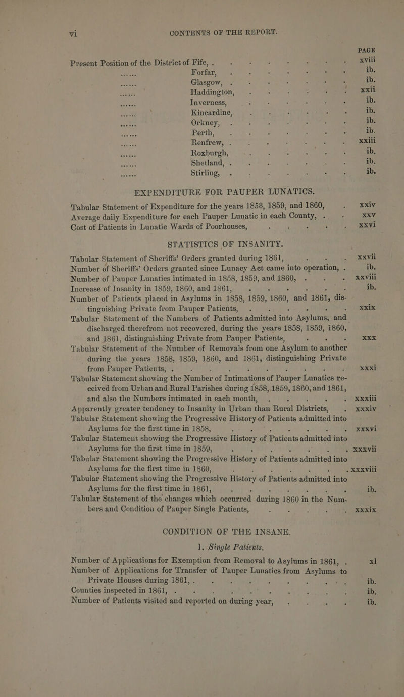 PAGE Present Position of the District of Fife, . xViii Forfar, ib. rarhes Glasgow, ib. eeepes Haddington, xxii assay Inverness, ib. rer Kincardine, ib. aoeeee Orkney, ib. ane Perth, ib. sdees 82 Renfrew, . Xxlil ay Roxburgh, ib. sade Shetland, ib. seenee Stirling, ib. EXPENDITURE FOR PAUPER LUNATICS. Tabular Statement of Expenditure for the years 1858, 1859, and 1860, XXIV Average daily Expenditure for each Pauper Lunatic in each County, xxv Cost of Patients in Lunatic Wards of Poorhouses, xxvi STATISTICS OF INSANITY. Tabular Statement of Sheriffs’ Orders granted during 1861, en Number of Sheriffs’ Orders granted since Lunacy Act came into operation, . ib. Number of Pauper Lunatics intimated in 1858, 1859, and 1860, XXVili Inerease of Insanity in 1859, 1860, and 1861, , ib. Number of Patients placed in Asylums in 1858, 1859, ‘1860, and 1861, aie tinguishing Private from Pauper Patients, XX1X Tabular Statement of the Numbers of Patients mani aed init Aviat and discharged therefrom not recovered, during the years 1858, 1859, 1860, and 1861, distinguishing Private from Pauper Patients, ; ? XXX Tabular Statement of the Number of Removals from one Asylum to iether during the years 1858, 1859, 1860, and 1861, distinguishing Private from Pauper Patients, XXX1 Tabular Statement showing the Number of Tatimatintl of Patiper enti re- ceived from Urban and Rural Parishes during 1858, 1859, 1860, and 1861, and also the Numbers intimated in each month, XXXili Apparently greater tendency to Insanity in Urban nee Rural Districts; XXXiV Tabular Statement showing the Progressive History of Patients admitted into Asylums for the first time in 1858, XXXVi Tabular Statement showing the Progressive History of Patients ddmitsed into Asylums for the first time in 1859, . XXXVii Tabular Statement showing the Progressive History of Patients ndraittael into Asylums for the first time in 1860, . XXXVili Tabular Statement showing the Progressive History of Patients admitted into Asylums for the first time in 1861, : ib. Tabular Statement of the changes which occurred ann ing 1860 i in ah Nara bers and Condition of Pauper Single Patients, XX XIX CONDITION OF THE INSANE. 1. Single Patients, Number of Applications for Exemption from Removal to Asylums in 1861, xl Number of Applications for Transfer of Pauper Lunatics from Asylums to Private Houses during 1861, . ib. Counties inspected in 1861, ib. Number of Patients visited and repor ted on dune eee ib.